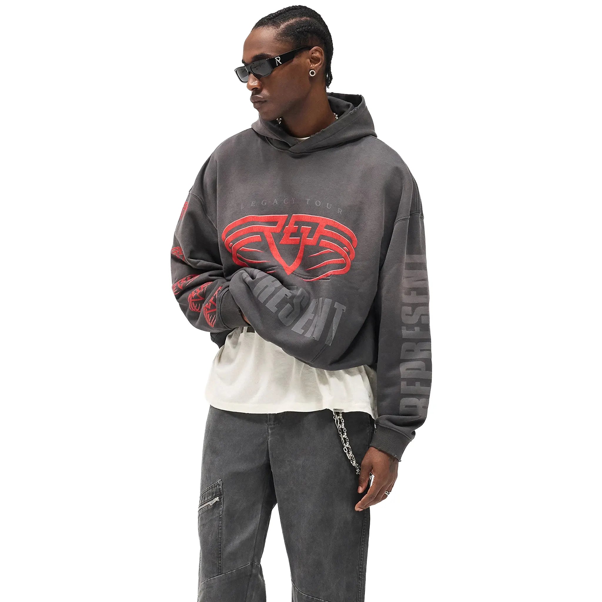 Model Front View of Represent Living Legacy Tour Reversible Grey Hoodie MLM100366-46