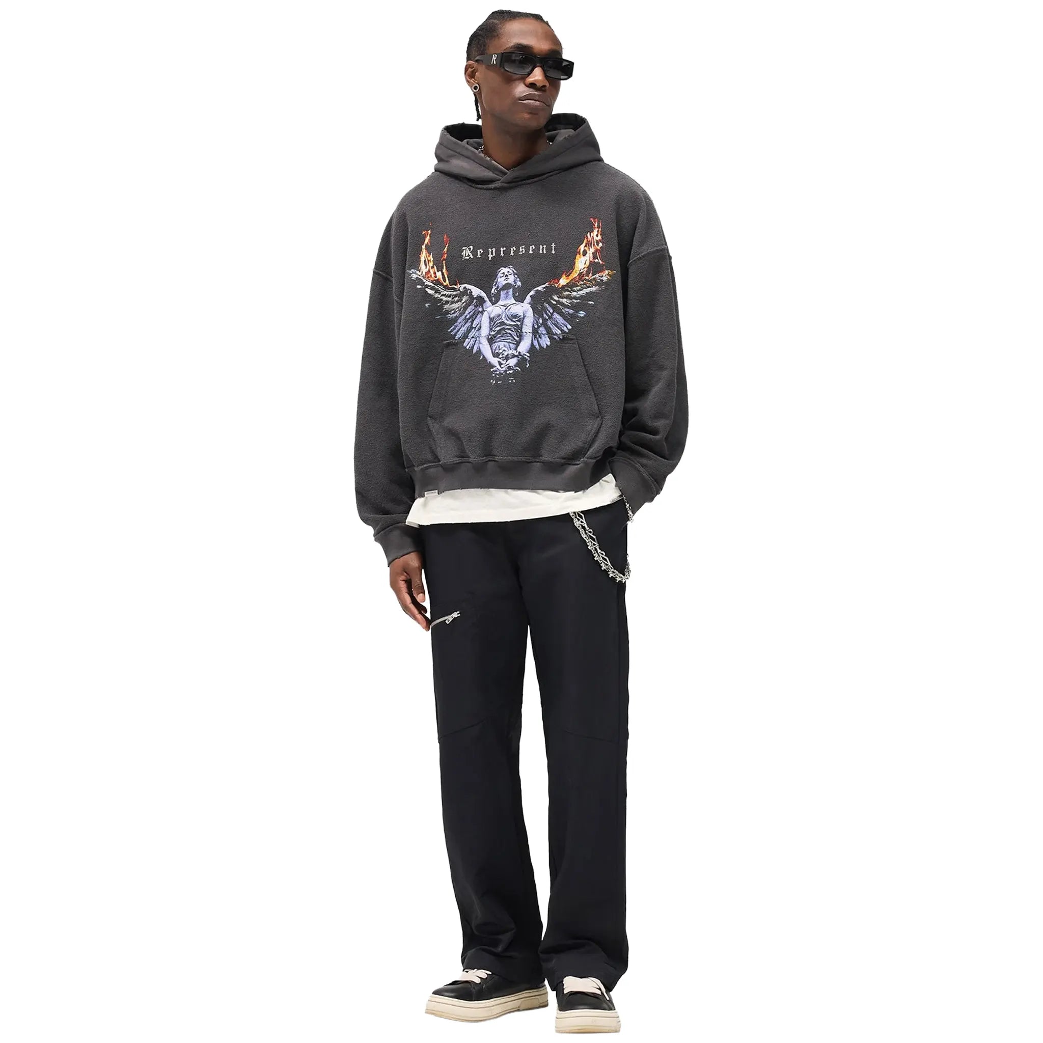 Front View of Represent Living Legacy Tour Reversible Grey Hoodie MLM100366-46