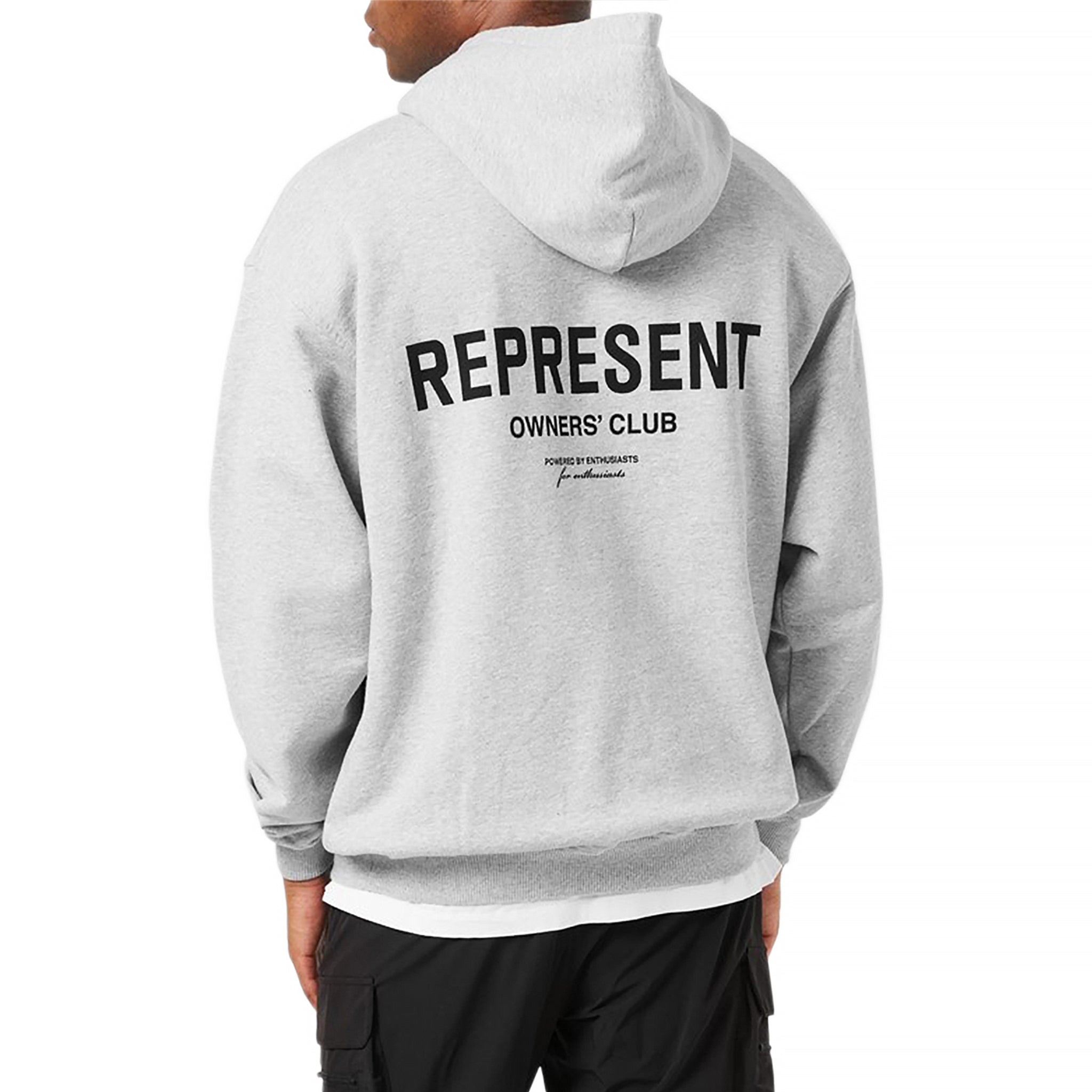 Model back view of Represent Owners Club Ash Grey Hoodie M04153-302