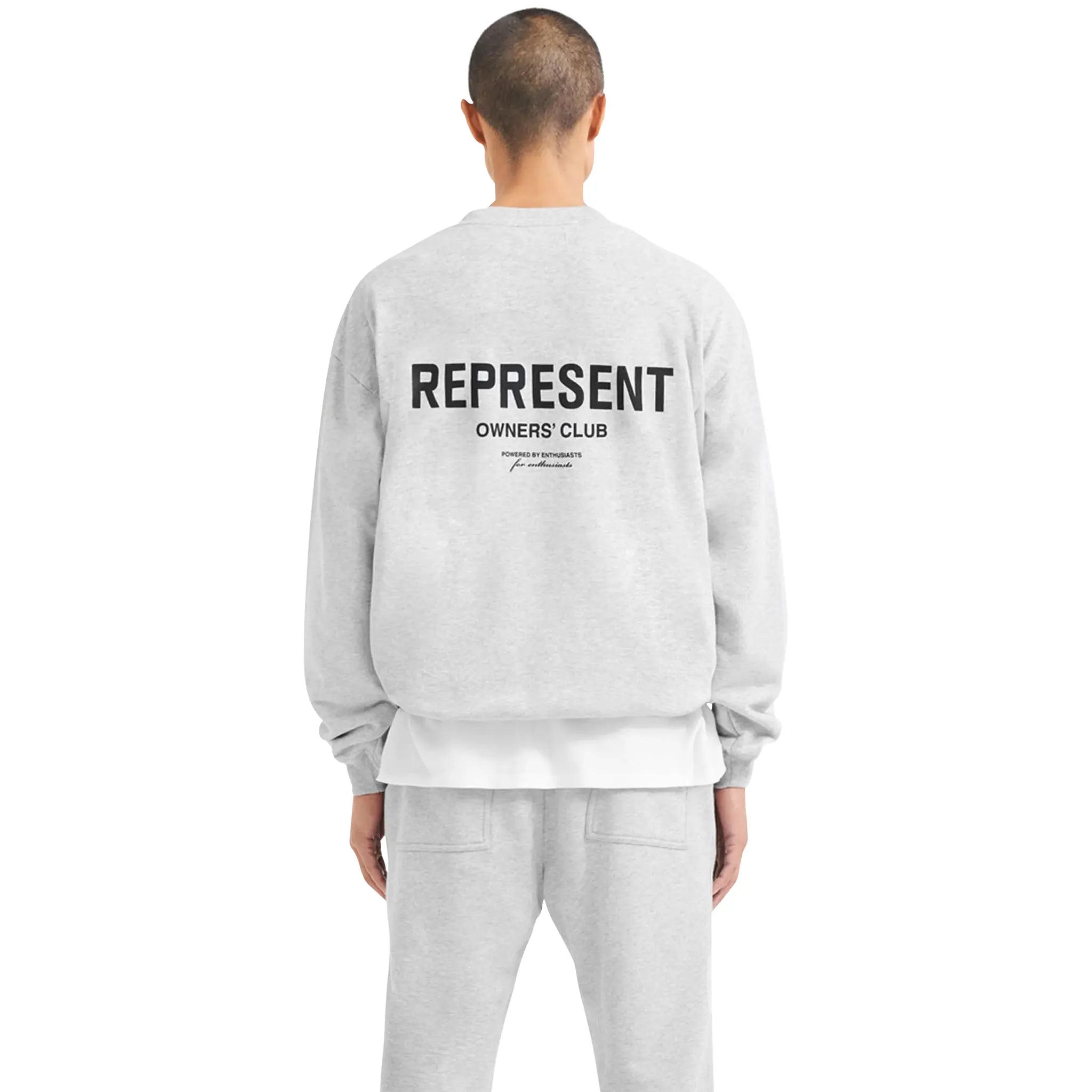 Model Back view of Represent Owners Club Ash Grey Sweatshirt M04159-302