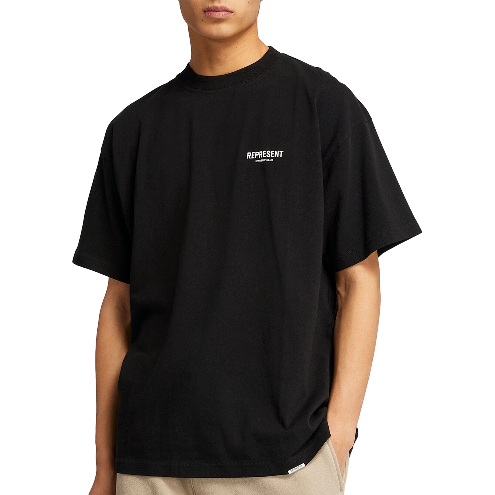 Model front view of Represent Owners Club Black T Shirt M05149-01