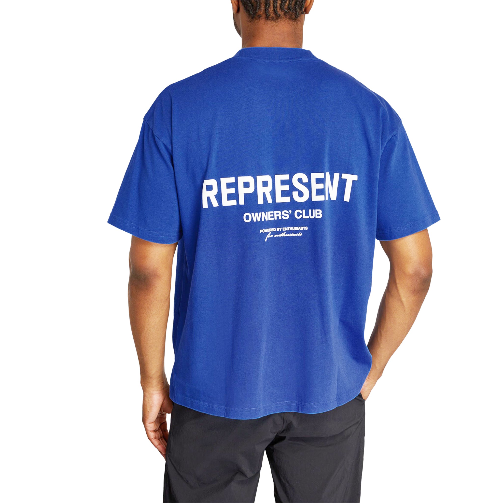 Model back view of Represent Owners Club Cobalt T Shirt M05149-01