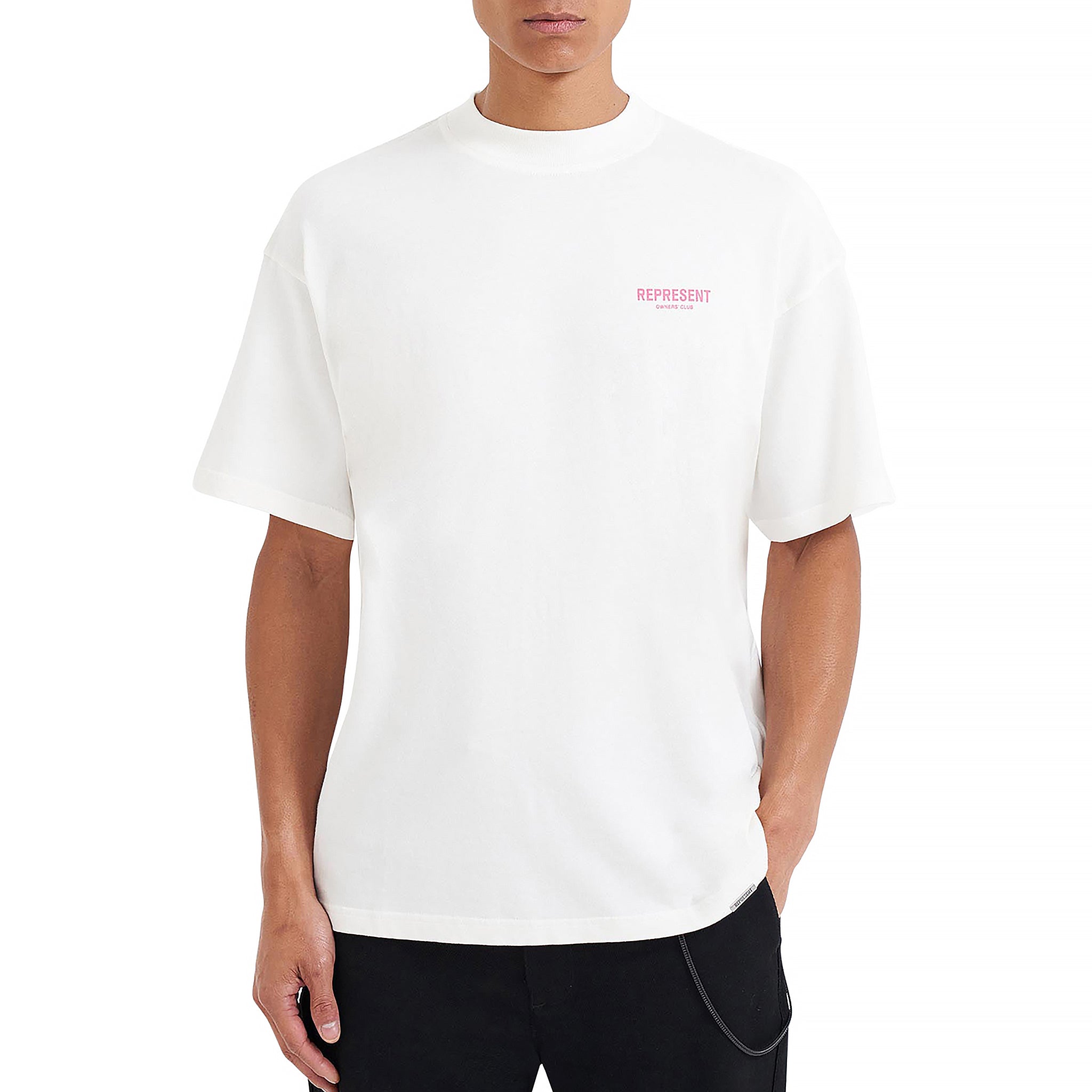 Model front view of Represent Owners Club Flat White Bubblegum T Shirt W05149-72