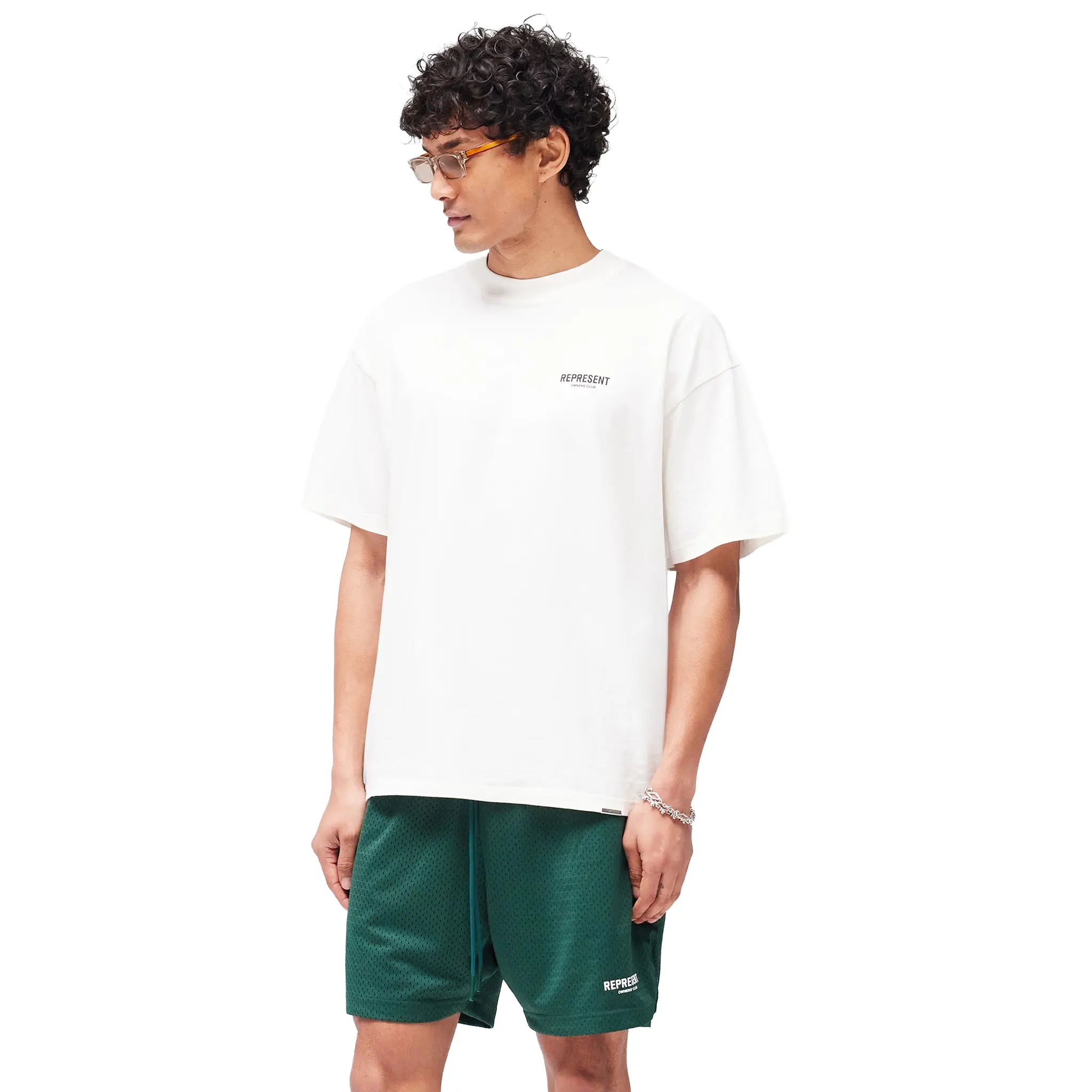 Front Side View of Represent Owners Club Oversized Fit Flat White T-Shirt