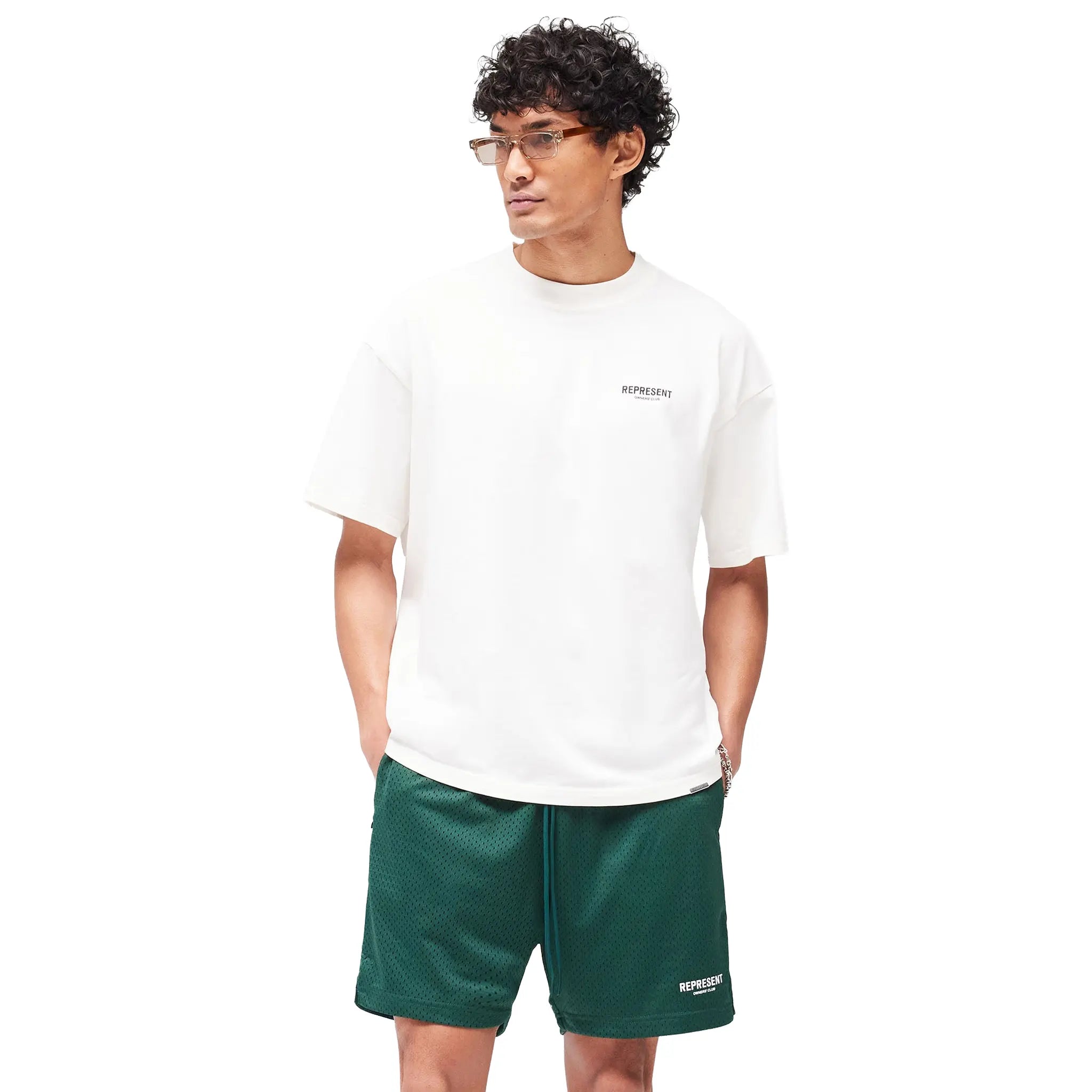 Model Front View of Represent Owners Club Oversized Fit Flat White T-Shirt