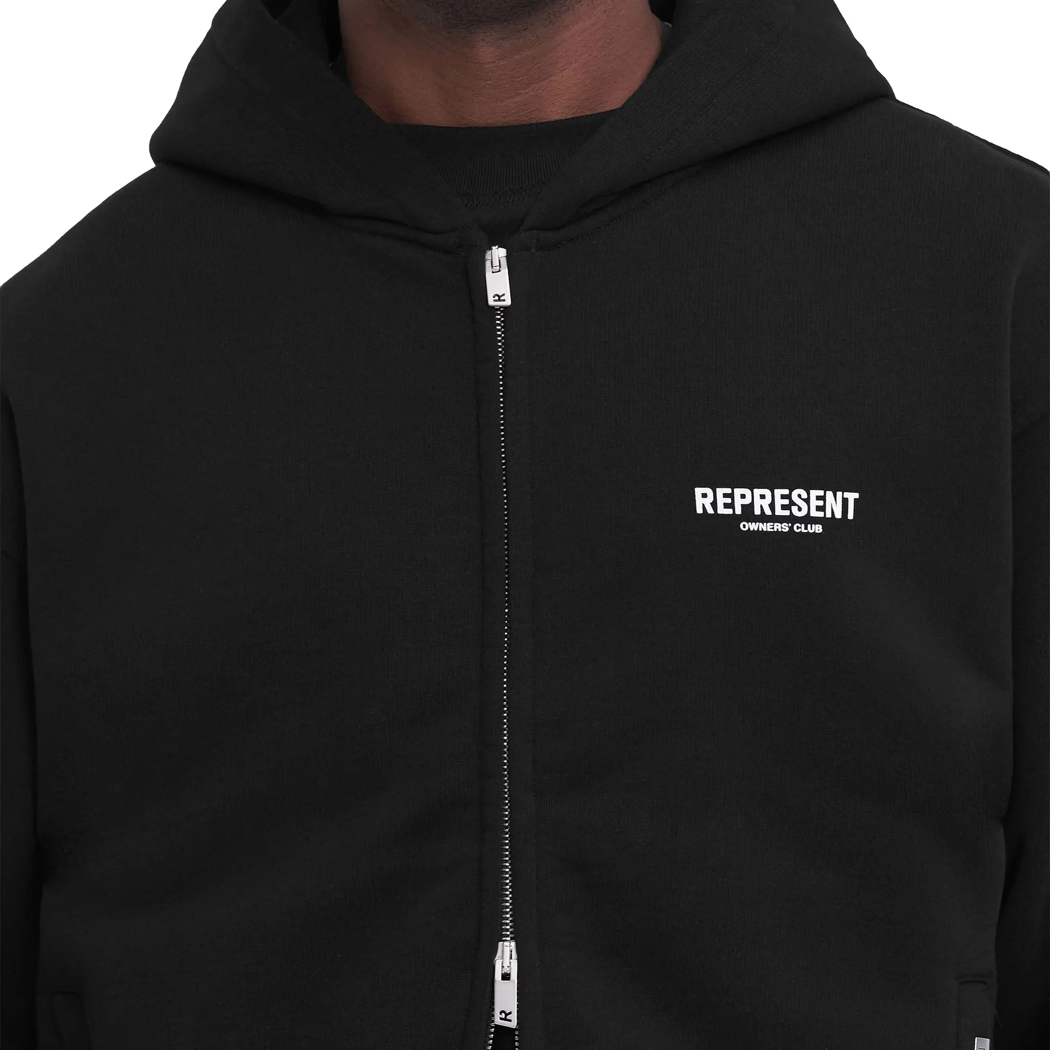 Front Detailed View of Represent Owners Club Zip-Up Black Hoodie OCM41122-001