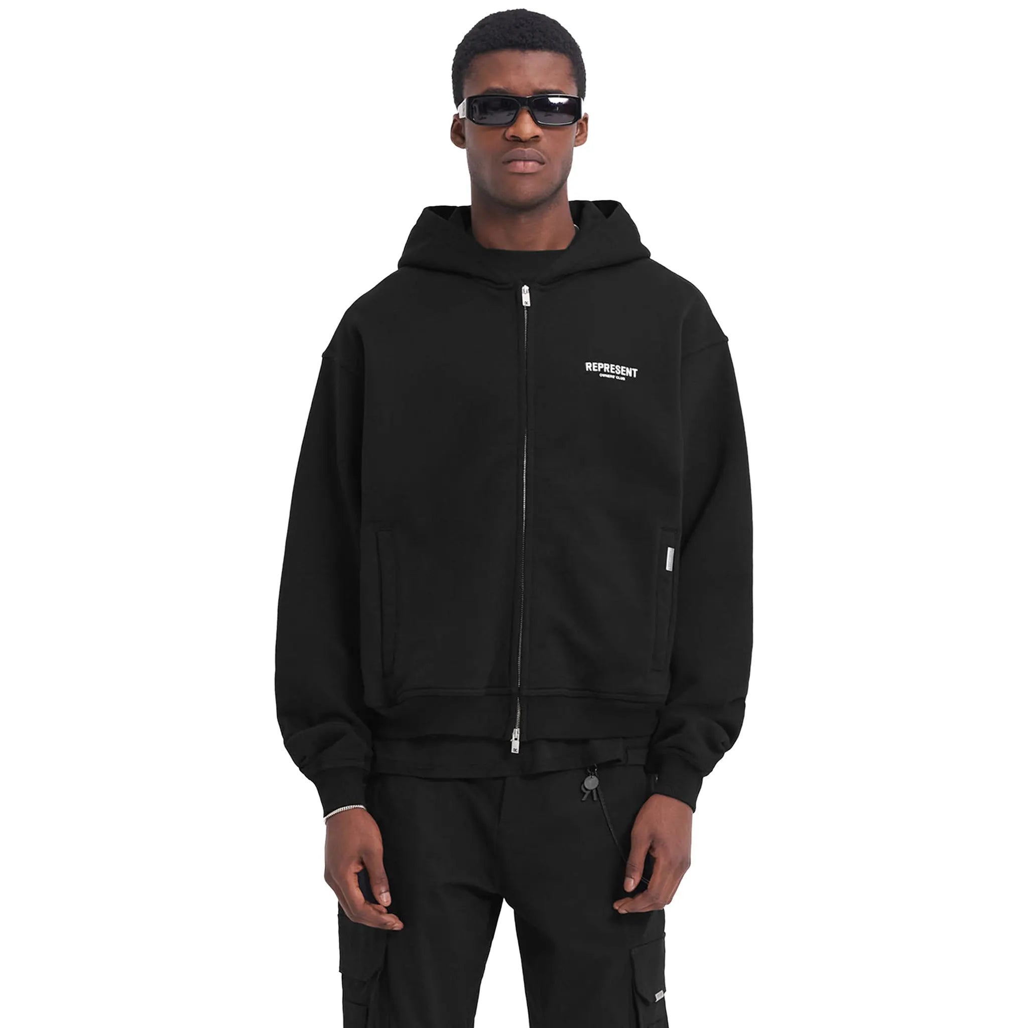 Model Front View of Represent Owners Club Zip-Up Black Hoodie OCM41122-001