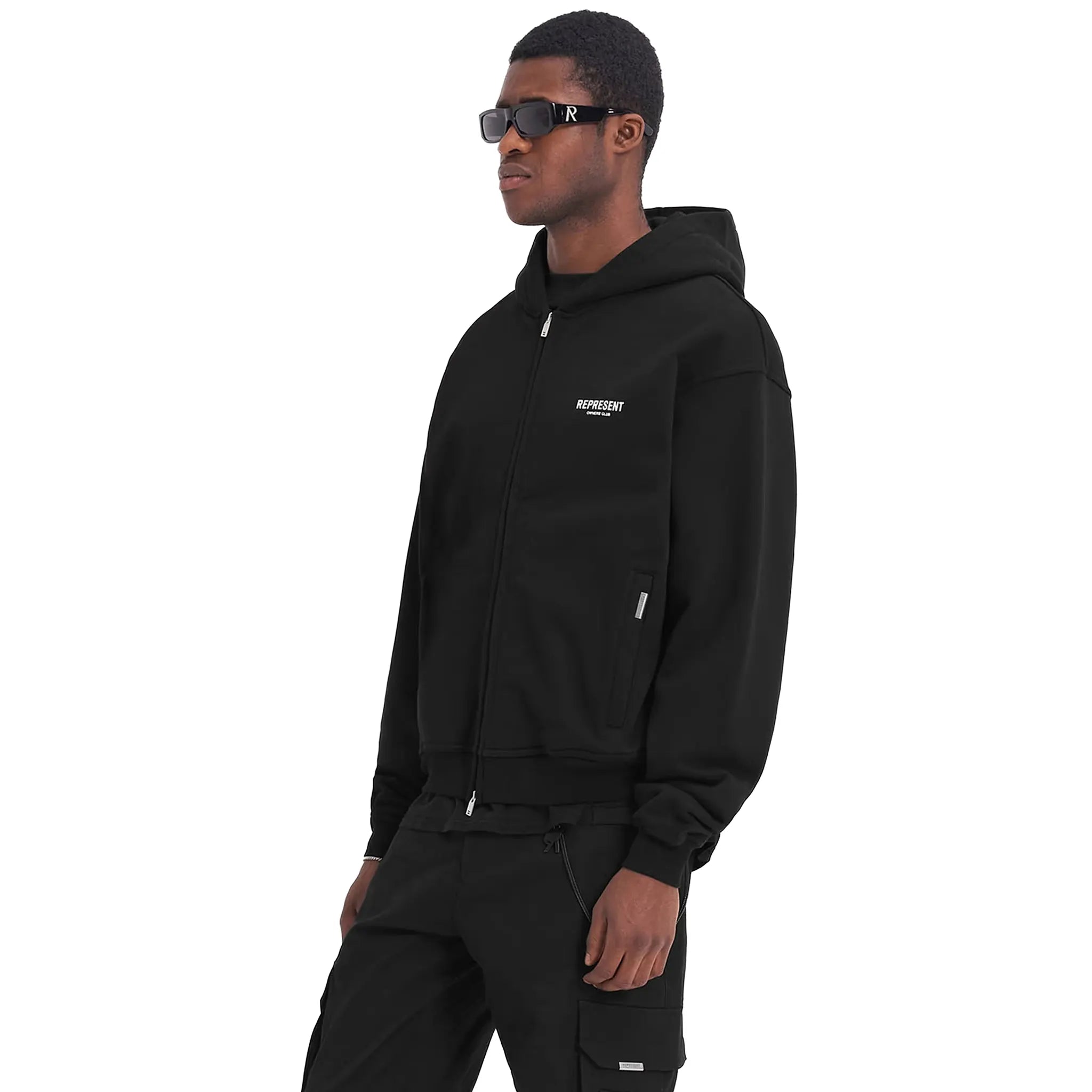 Front Side View of Represent Owners Club Zip-Up Black Hoodie OCM41122-001