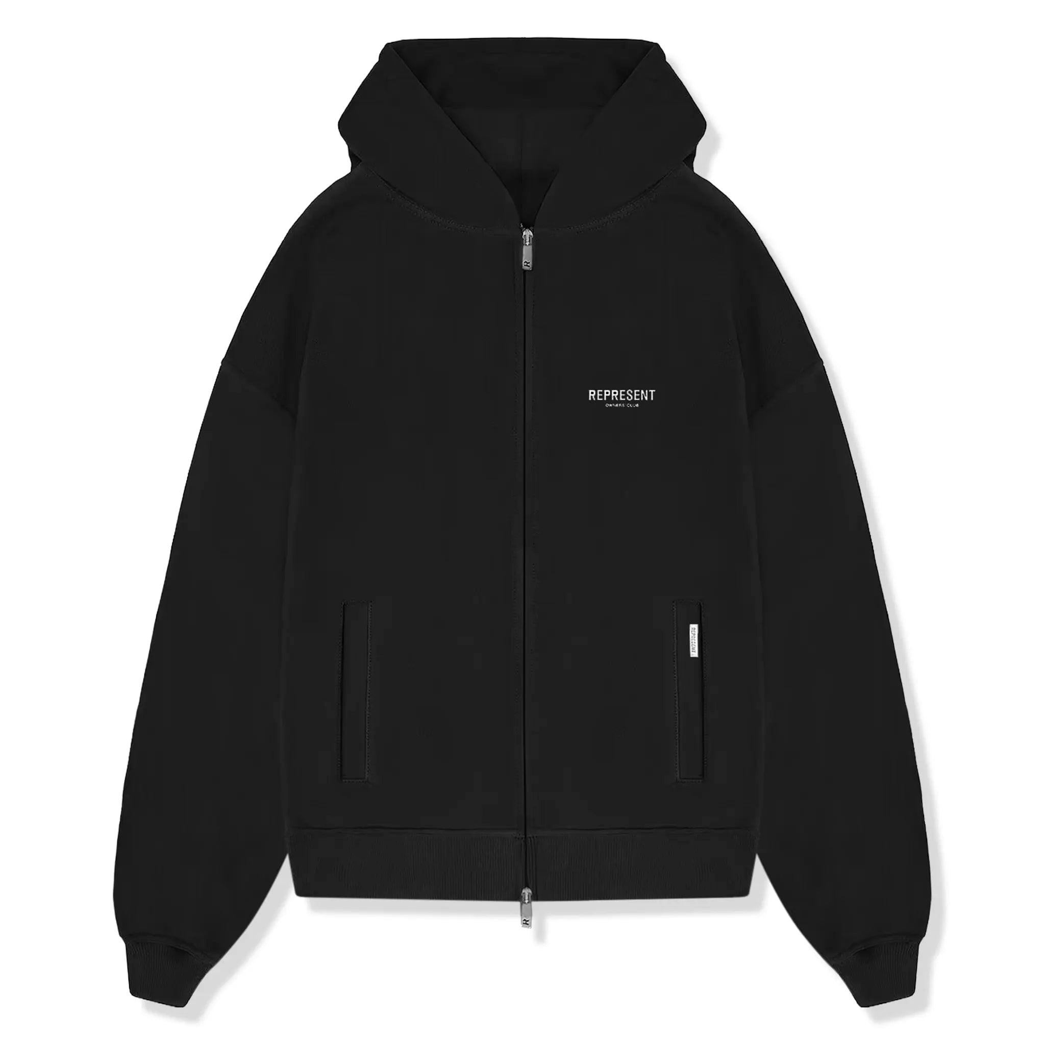 Front Side View of Represent Owners Club Zip-Up Black Hoodie OCM41122-001