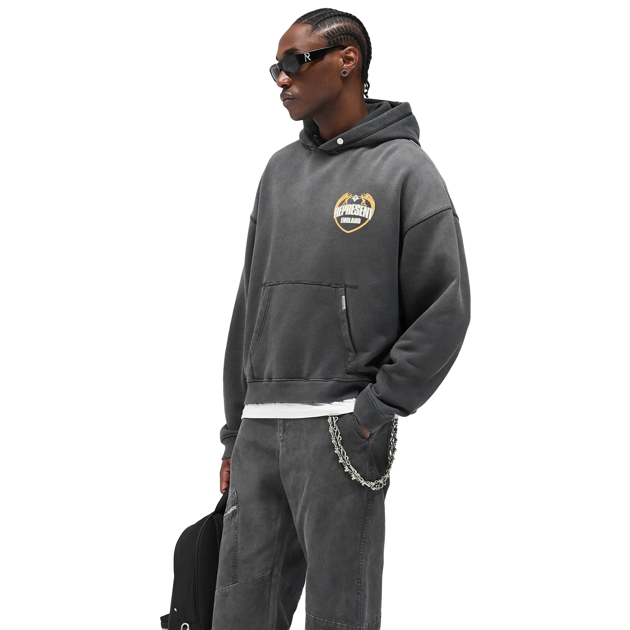 Front View of Represent Rep Angel Border Stained Black Hoodie