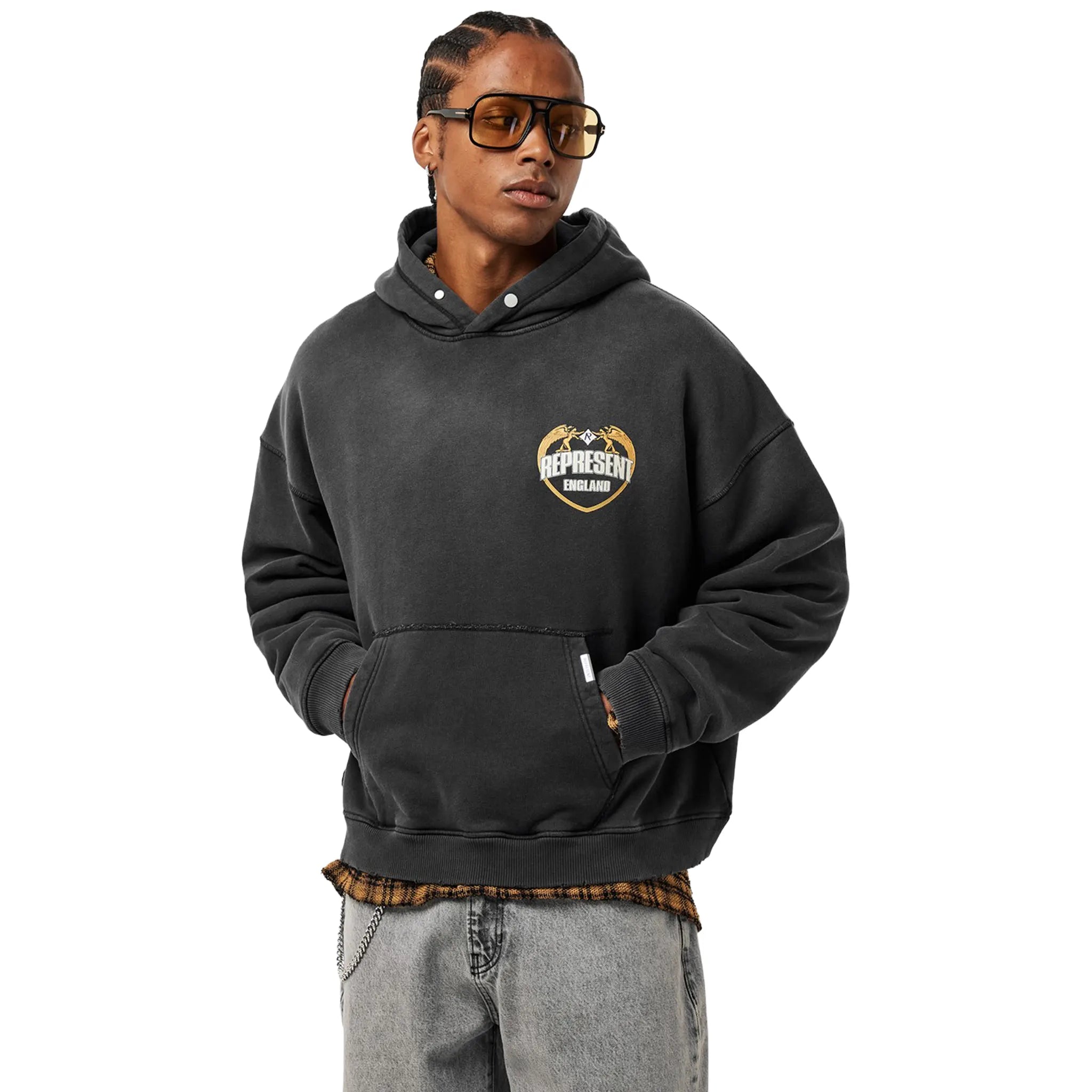 Model Front View of Represent Rep Angel Border Oth Stained Black Hoodie