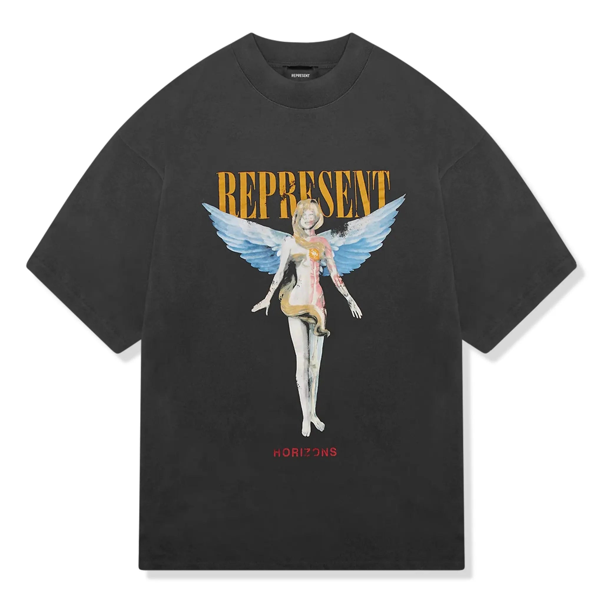 Front view of Represent Rep Reborn Aged Black T Shirt MLM434-444