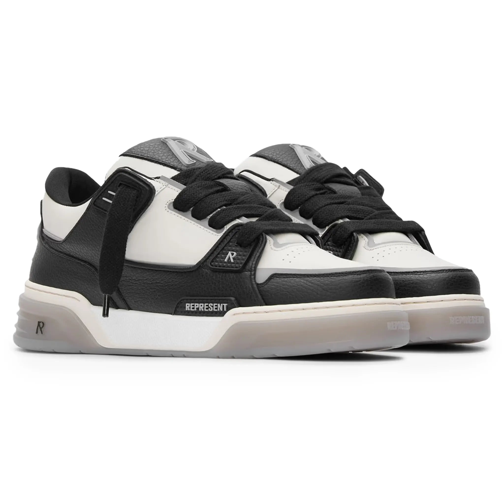 Pair view of Represent Studio Black Vintage White Trainers MF9007-465