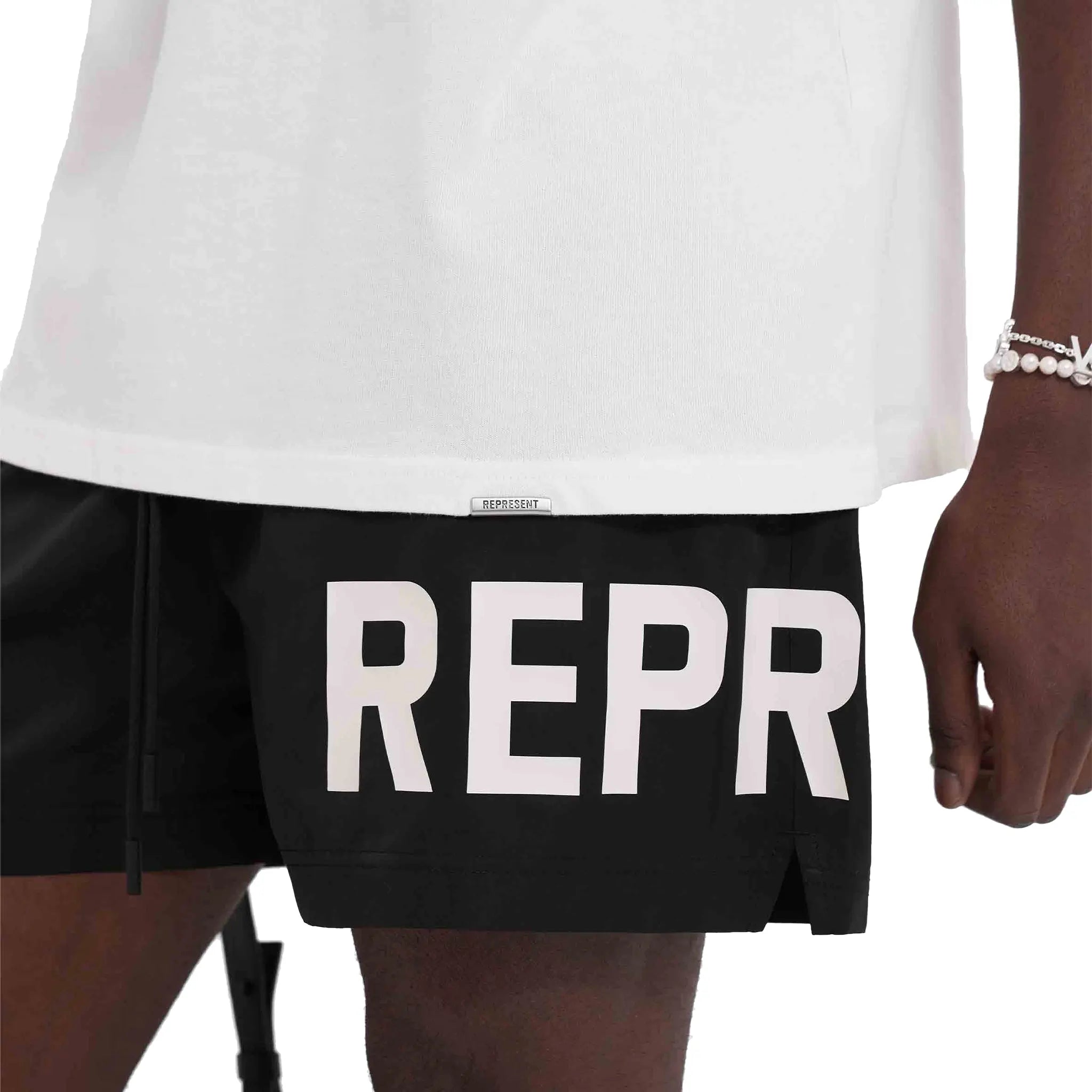 Model Front view of Represent Text Logo Black Swim Shorts MS7001-01