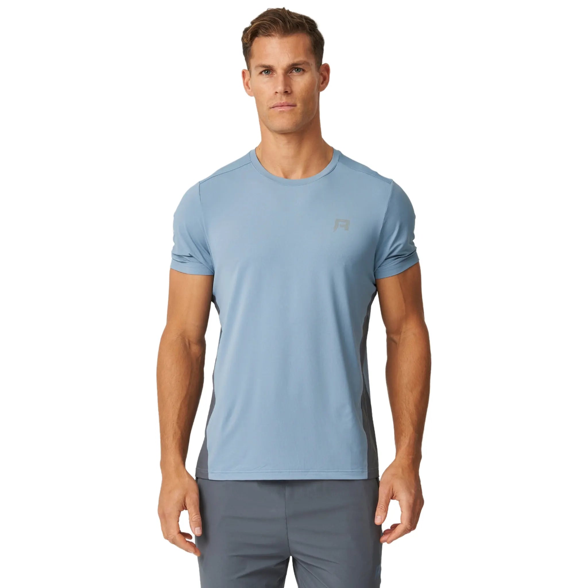 Front View of reprimo vortex turbulence dusky blue t shirt rep254-222