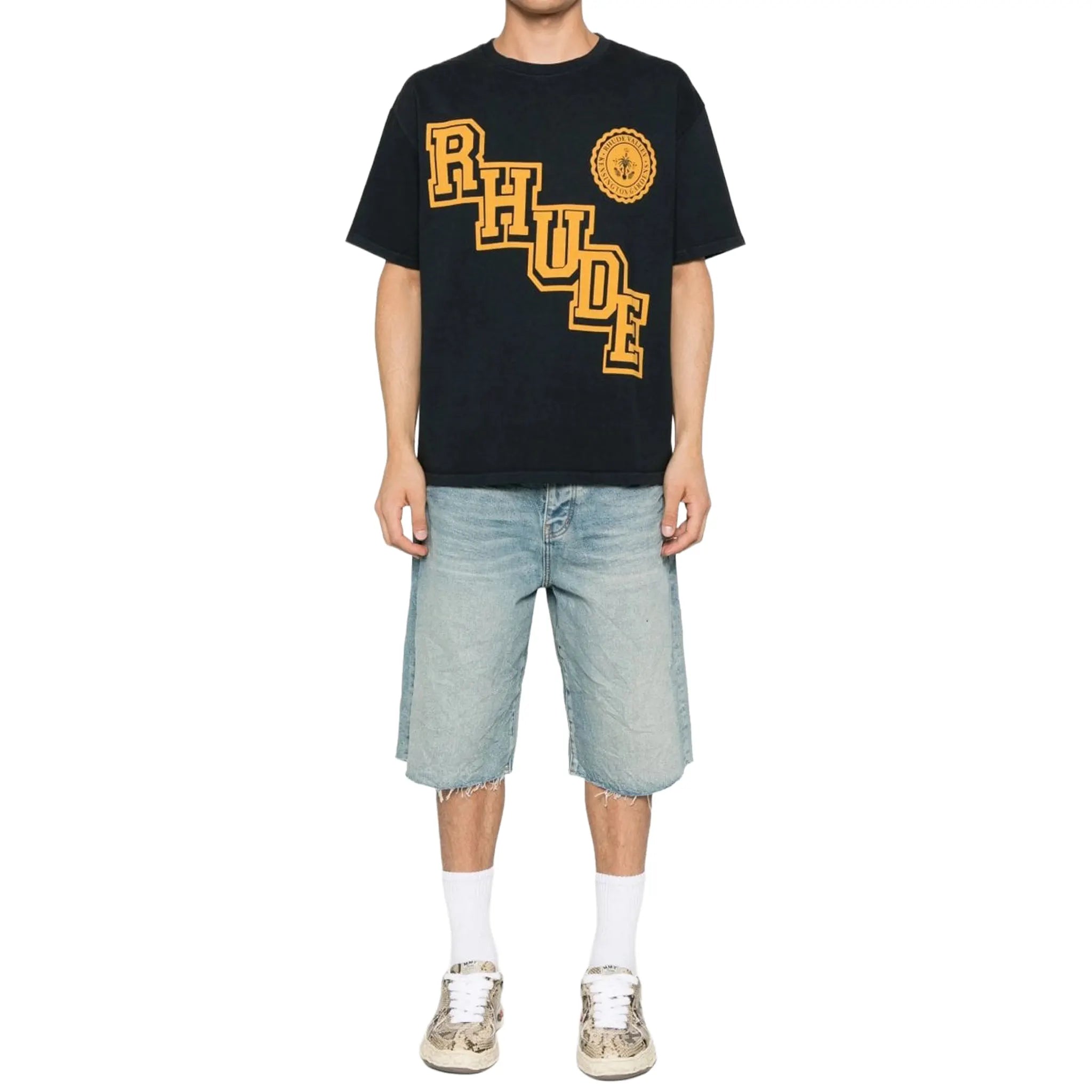 Front View of Rhude Collegiate Crest Black T Shirt RHPF25TT05012