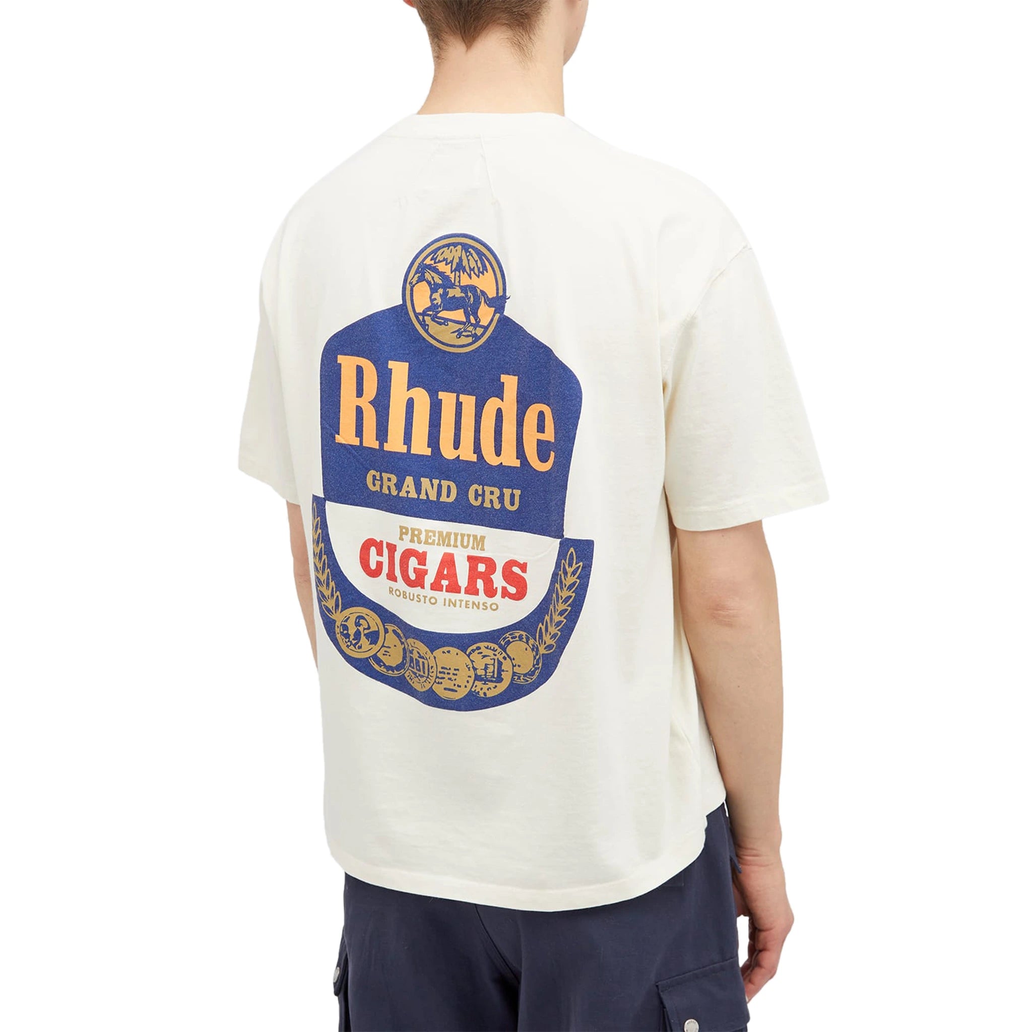 Model back view of Rhude Grand Cru Vintage White T Shirt RHPS24TT05012611