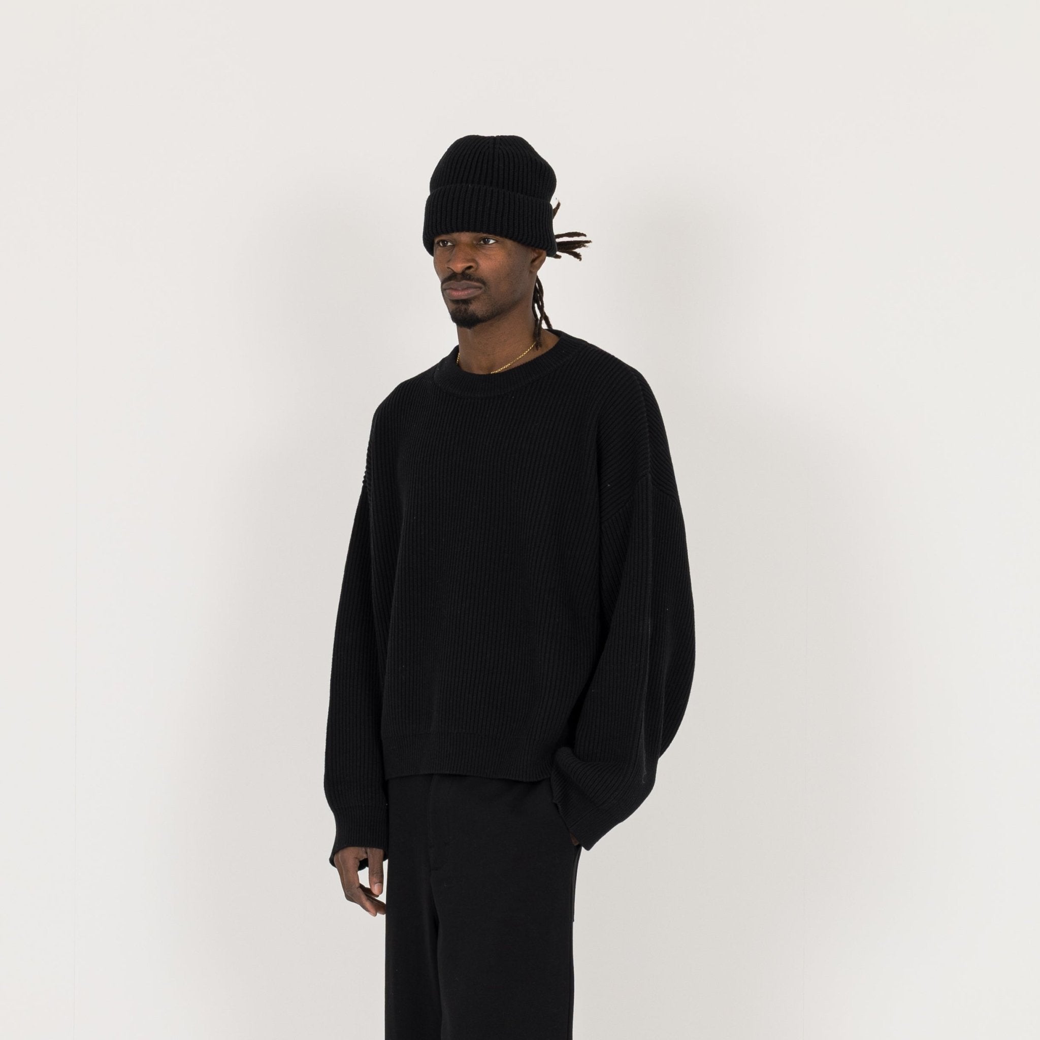 Model view of Destructive Ribbed Black Beanie