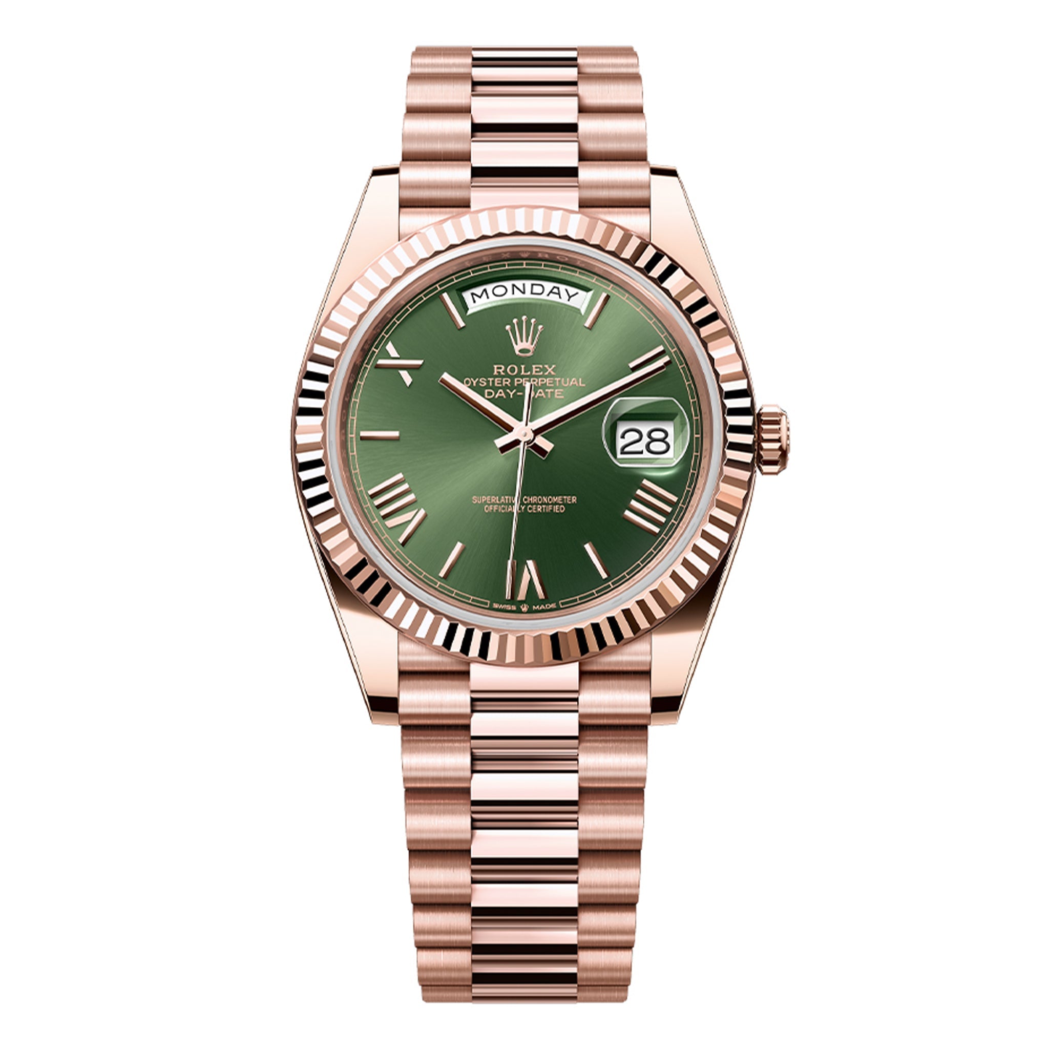 Front view of Rolex Day Date 228235 Ogrp 40mm Olive Green Roman Numerals Rose Gold