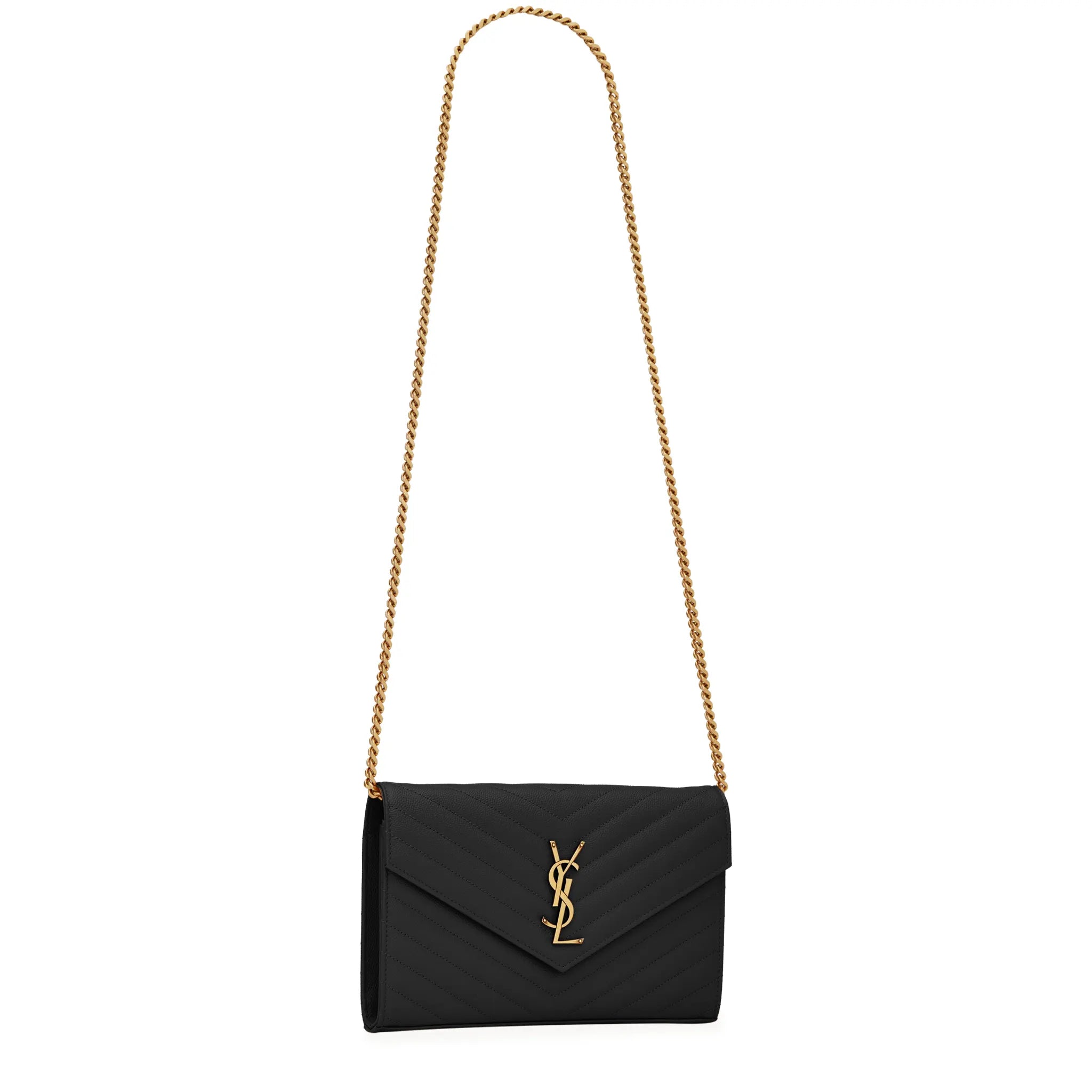 Front Side View of Saint Laurent Monogram Envelope Black Gold Crossbody Bag