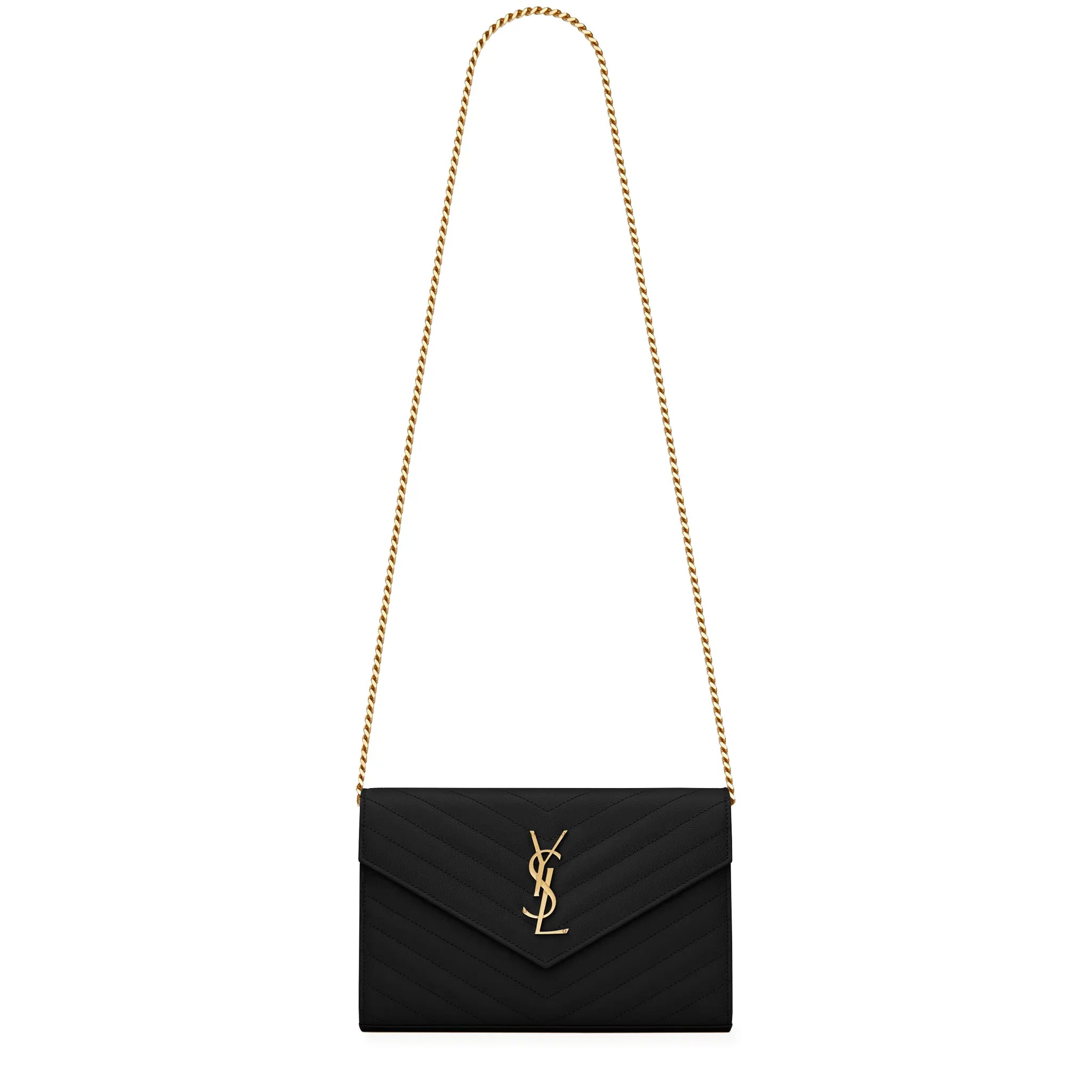 Front View of Saint Laurent Monogram Envelope Black Gold Crossbody Bag
