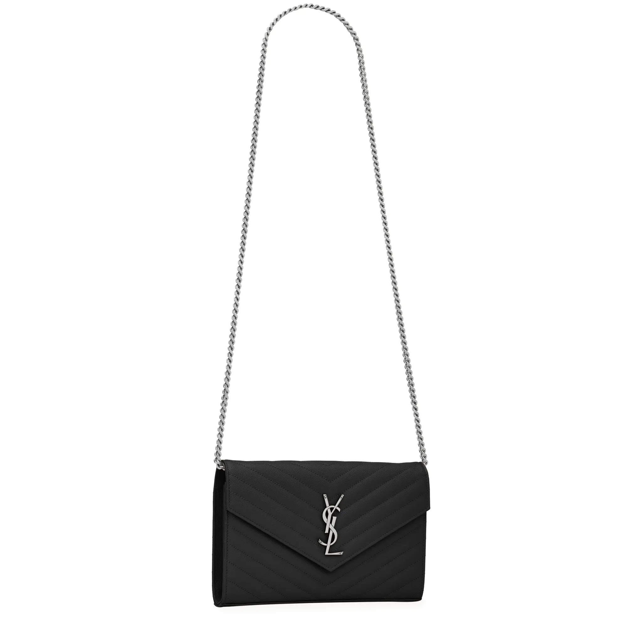 Front Side View of Saint Laurent Monogram Envelope Black Silver Crossbody Bag