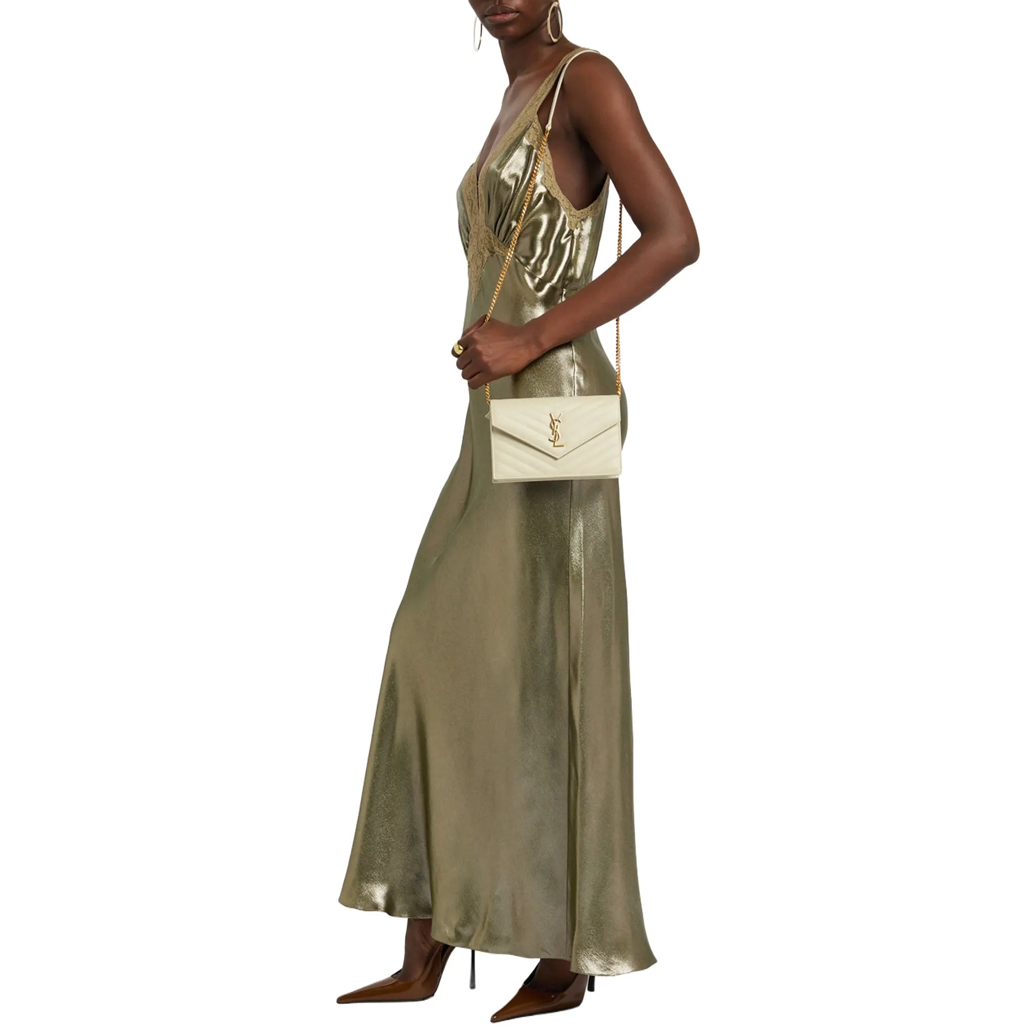 Model View of Saint Laurent Monogram Envelope Blanc Vintage Crossbody Bag 742920BOW019207