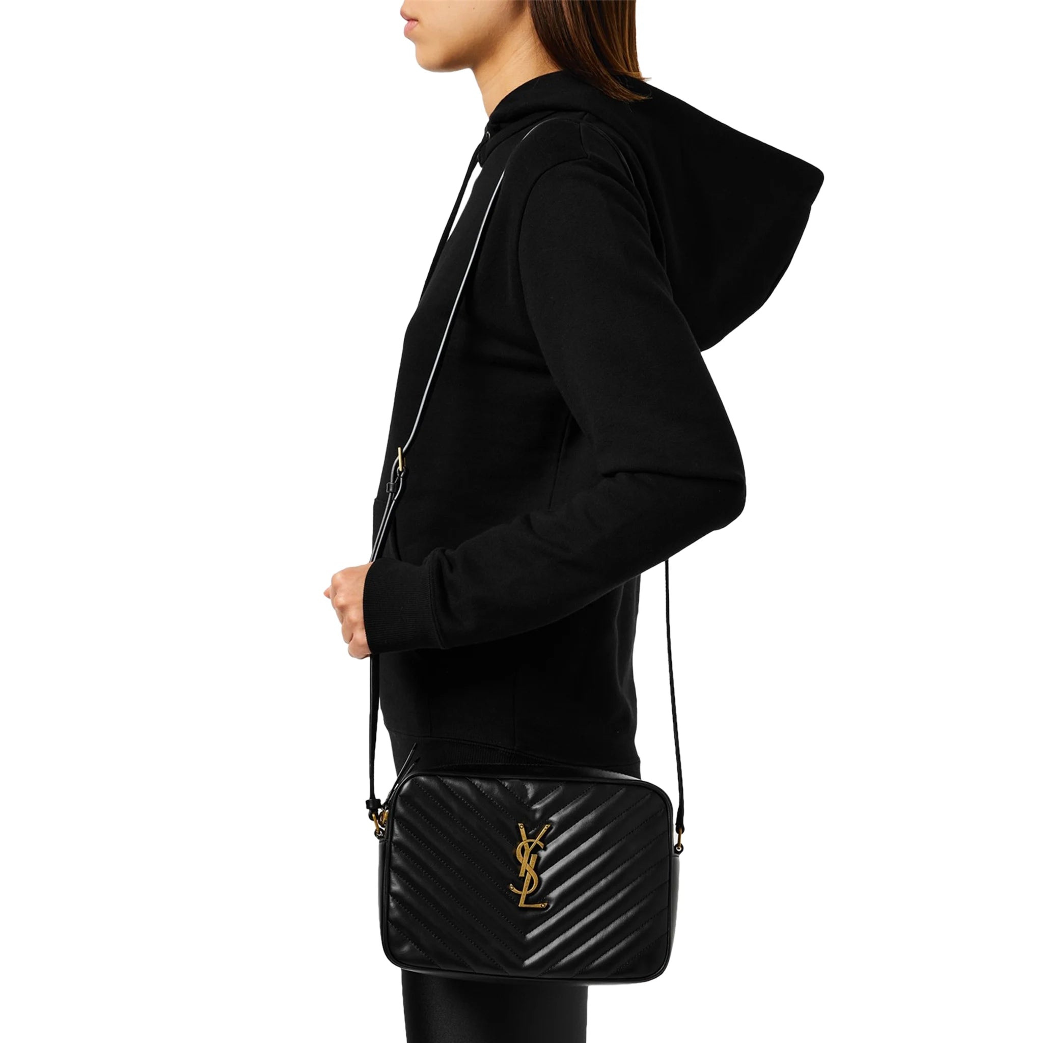 Model view of Saint Laurent Quilted Leather Lou Black Camera Bag