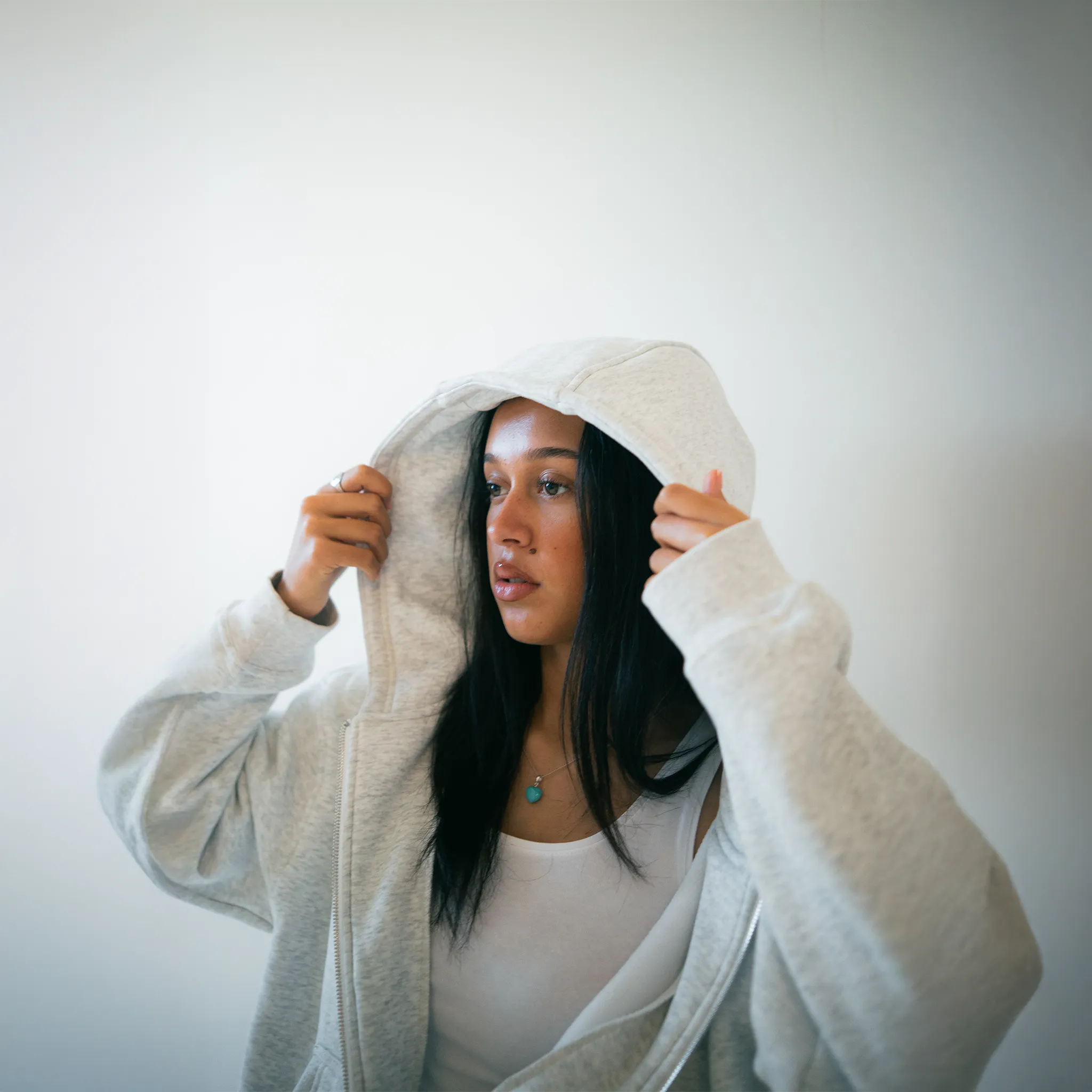 Model View of Samuel Bailey Star Emblem Grey Zip-Up Hoodie 54153259352387