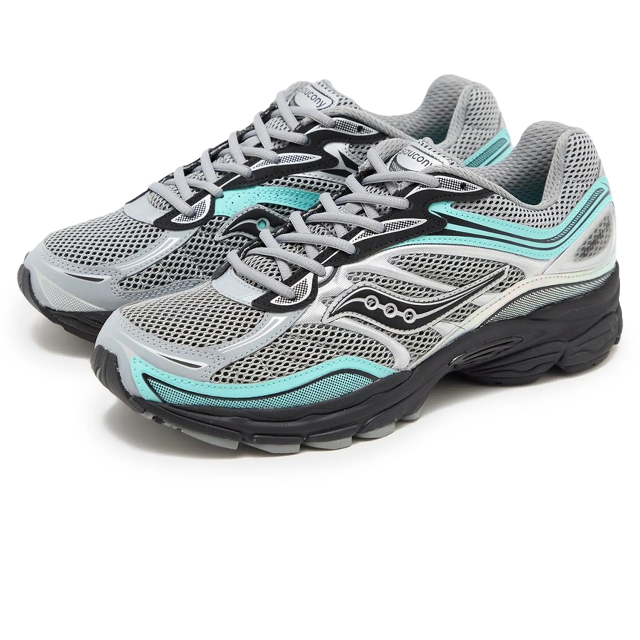 Front Side View of Saucony Progrid Omni 9 Silver Teal Grey