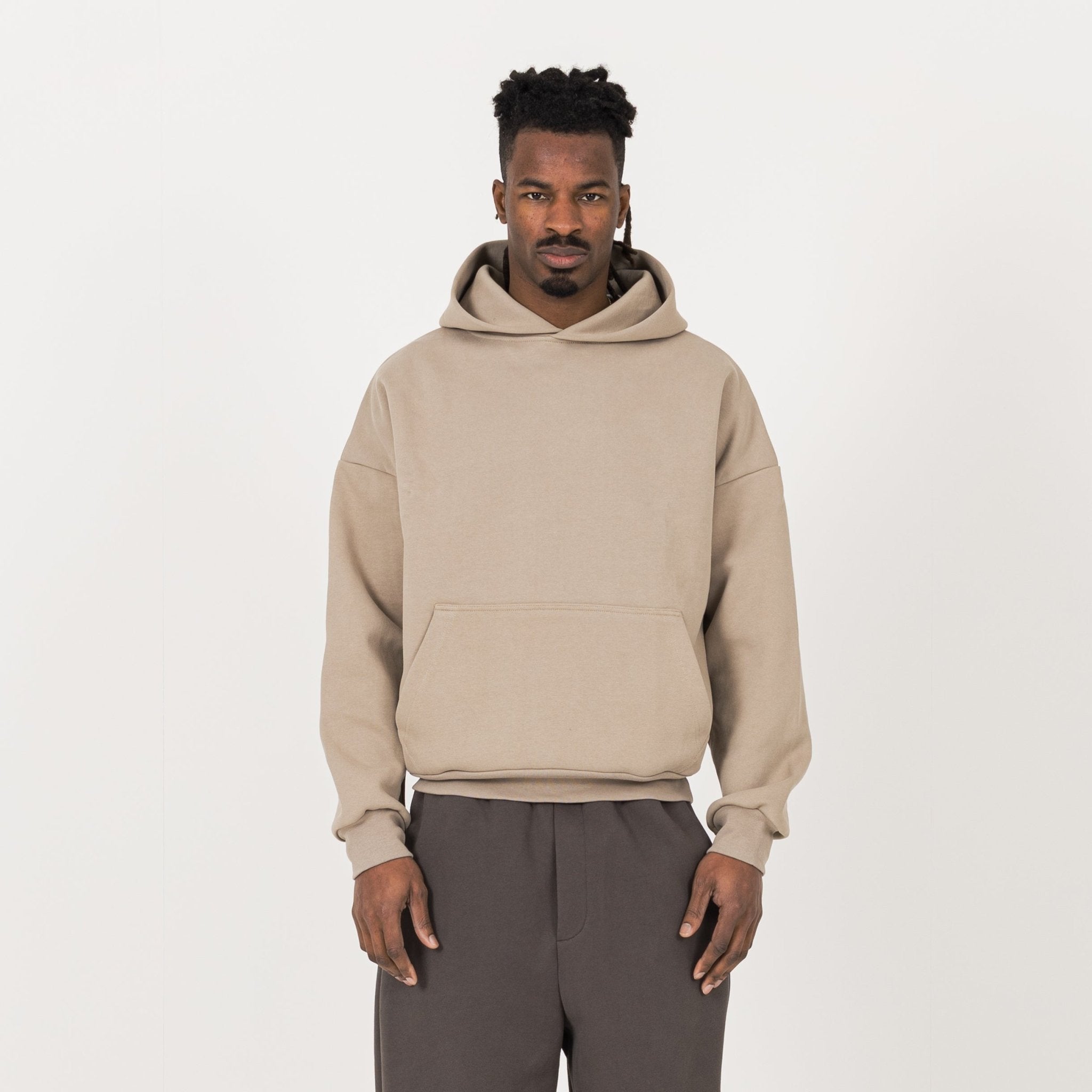 Model view of Destructive Sculpt Loam Brown Hoodie