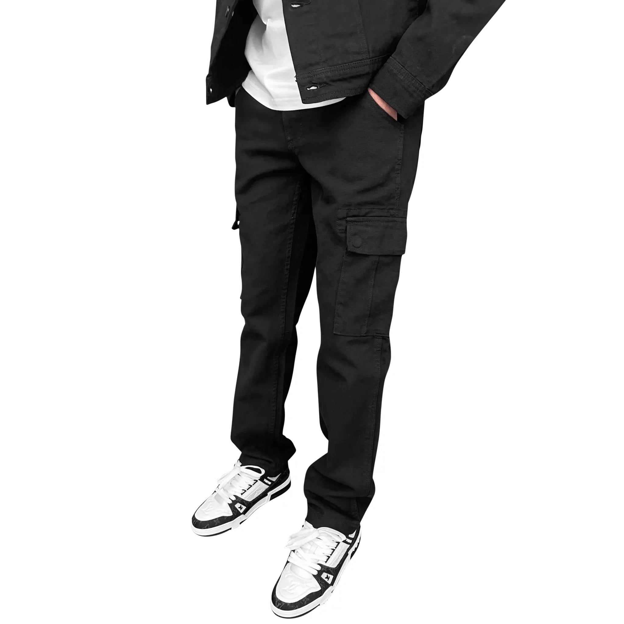 Model pants view of SIARR Black Denim Jacket & Cargo Pants