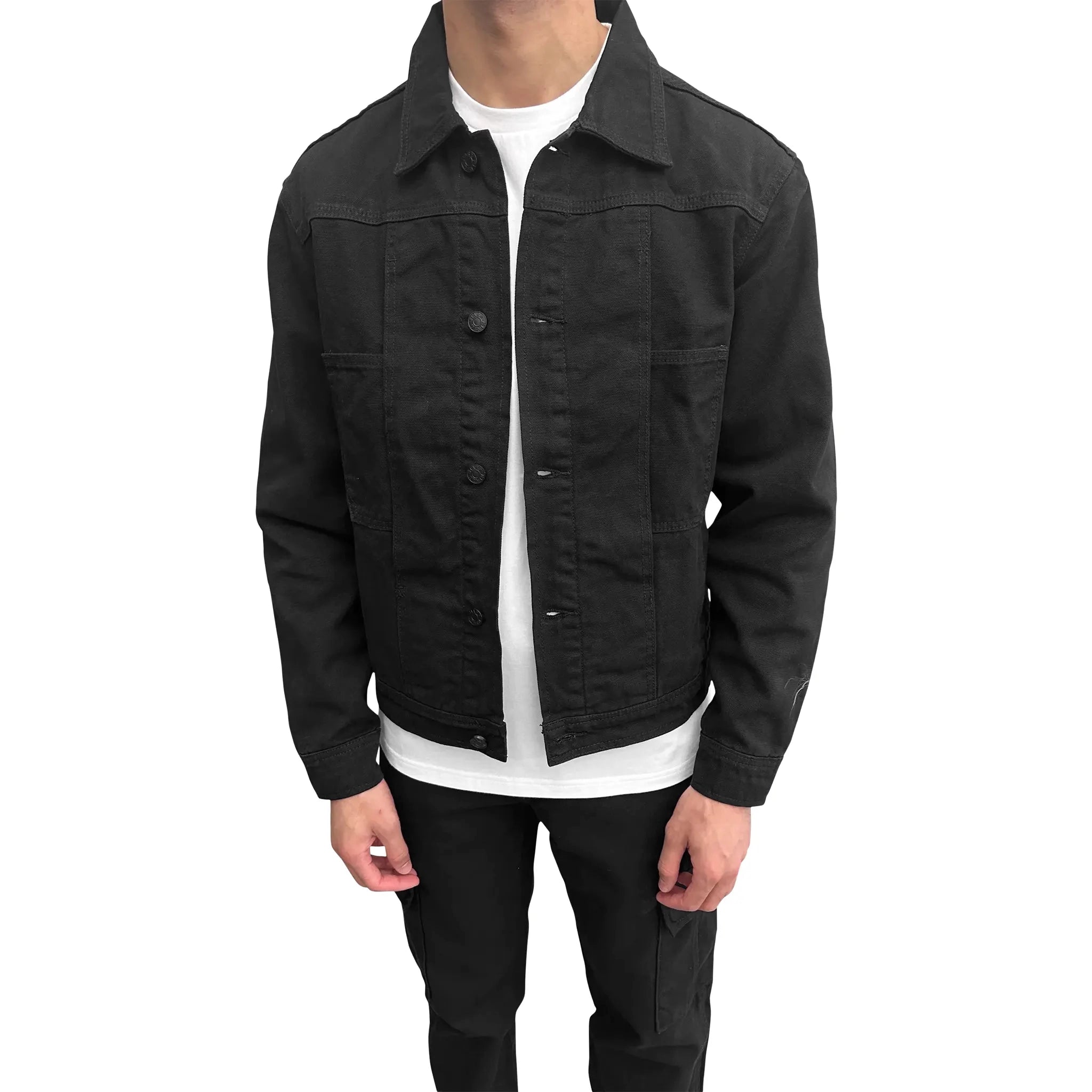 Model front view of SIARR Black Denim Jacket & Cargo Pants