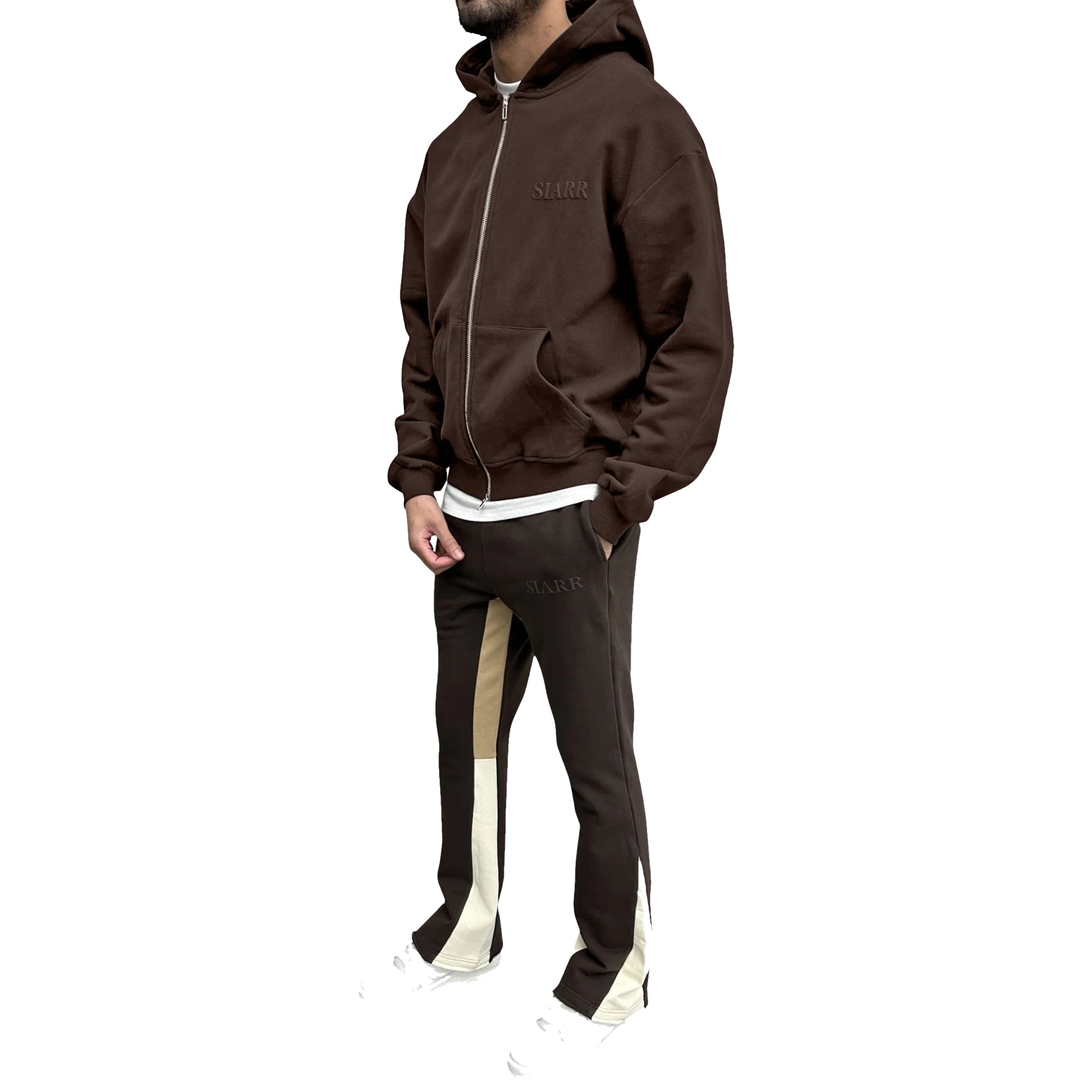Model side view of SIARR Brown Zip-Up Hoodie