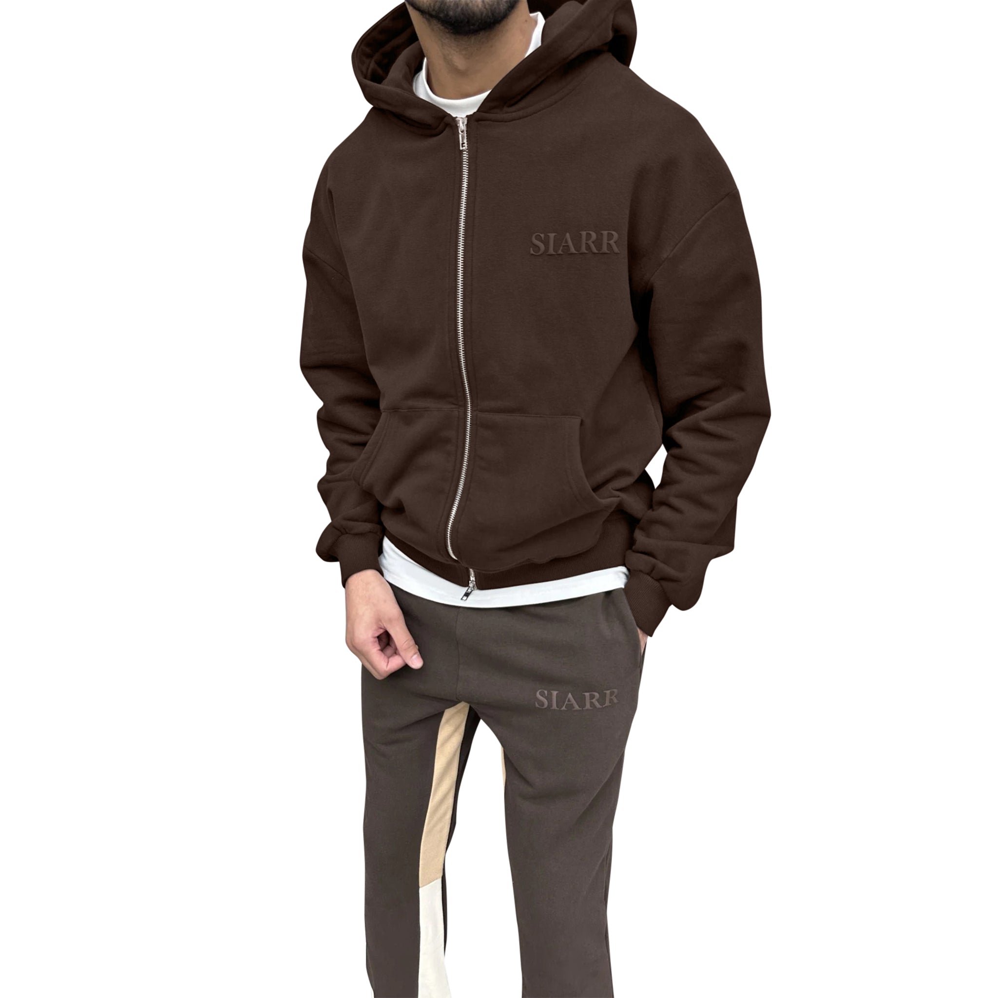 Model front view of SIARR Brown Zip-Up Hoodie