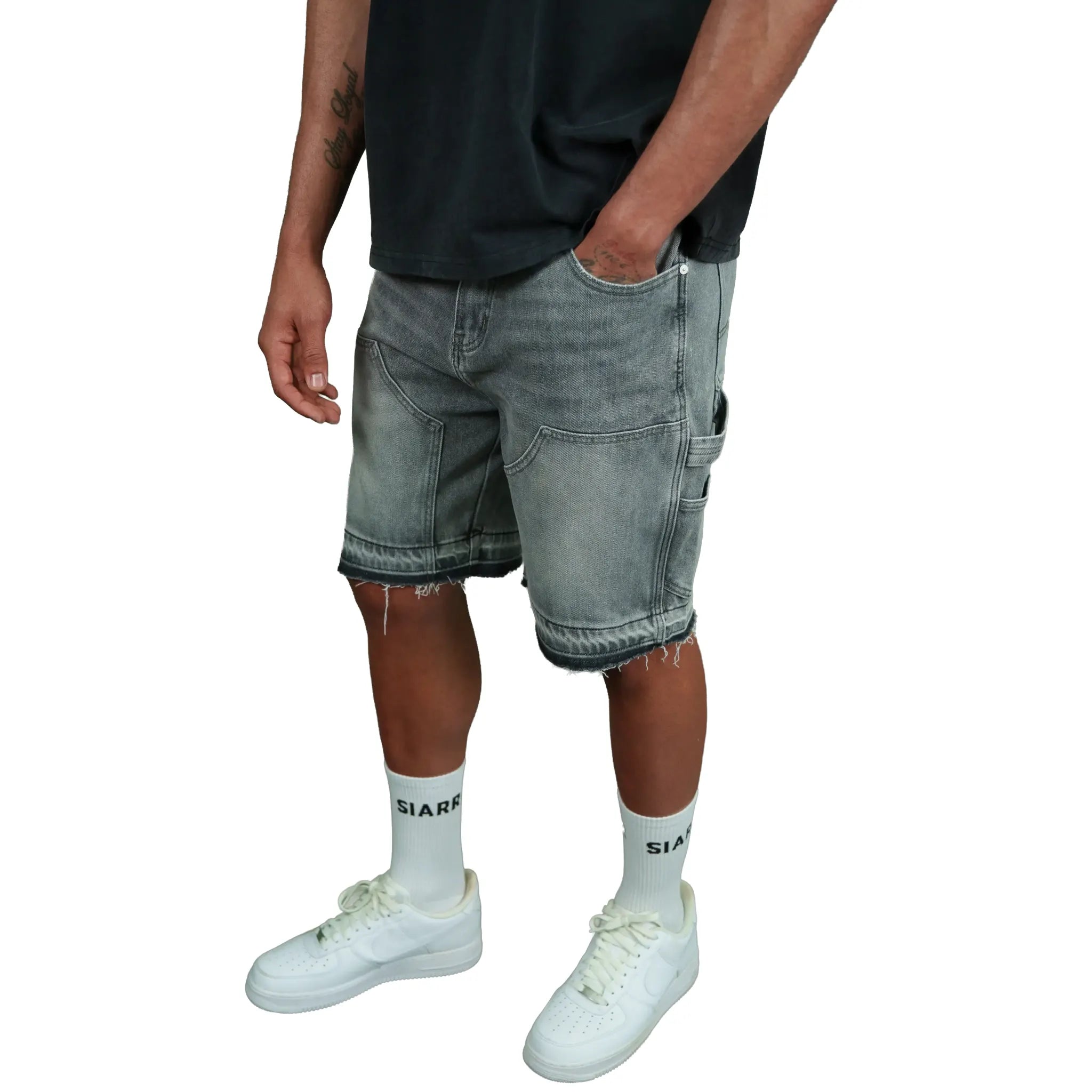 Model View of SIARR Carpenter Denim Shorts Light Grey