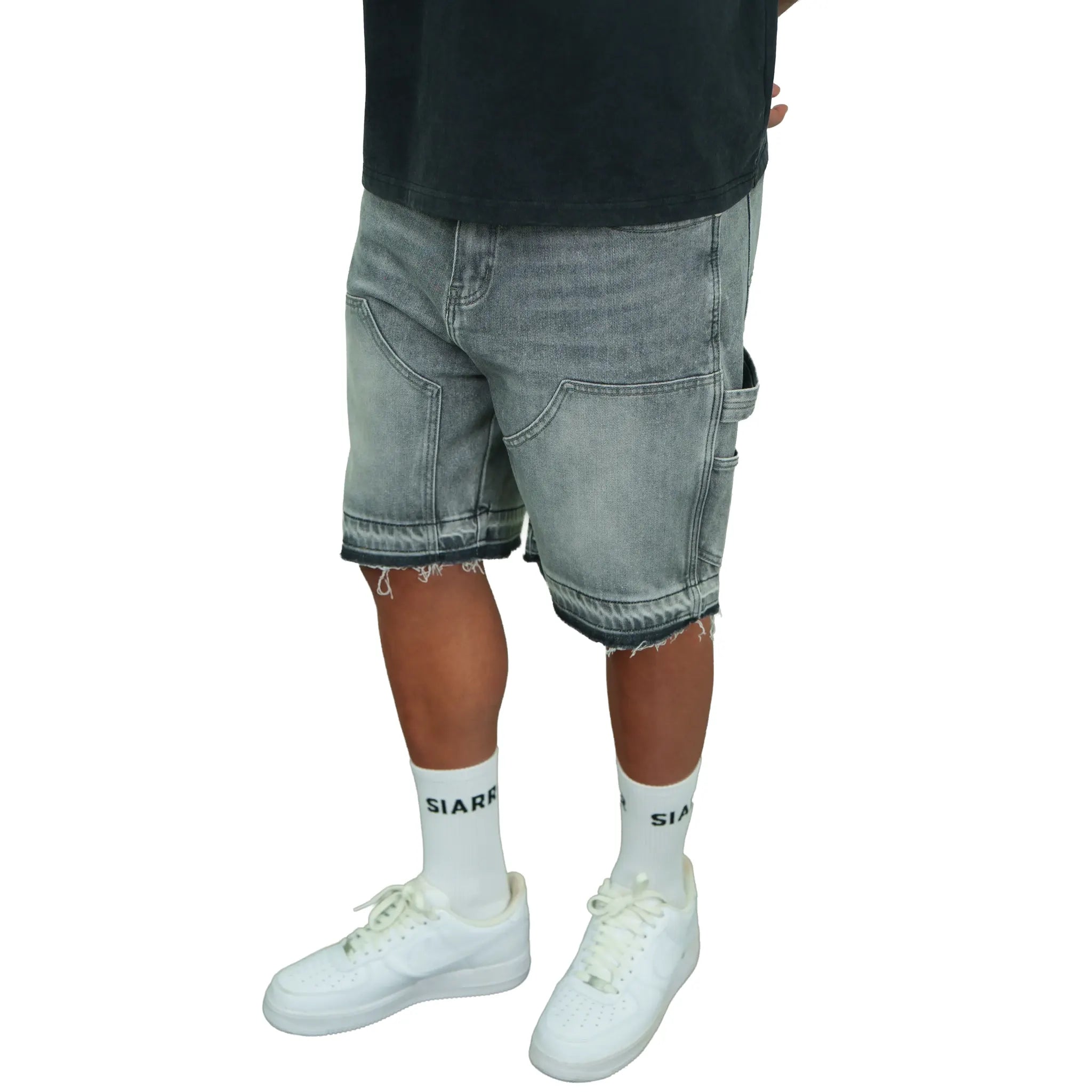 Model View of SIARR Carpenter Denim Shorts Light Grey
