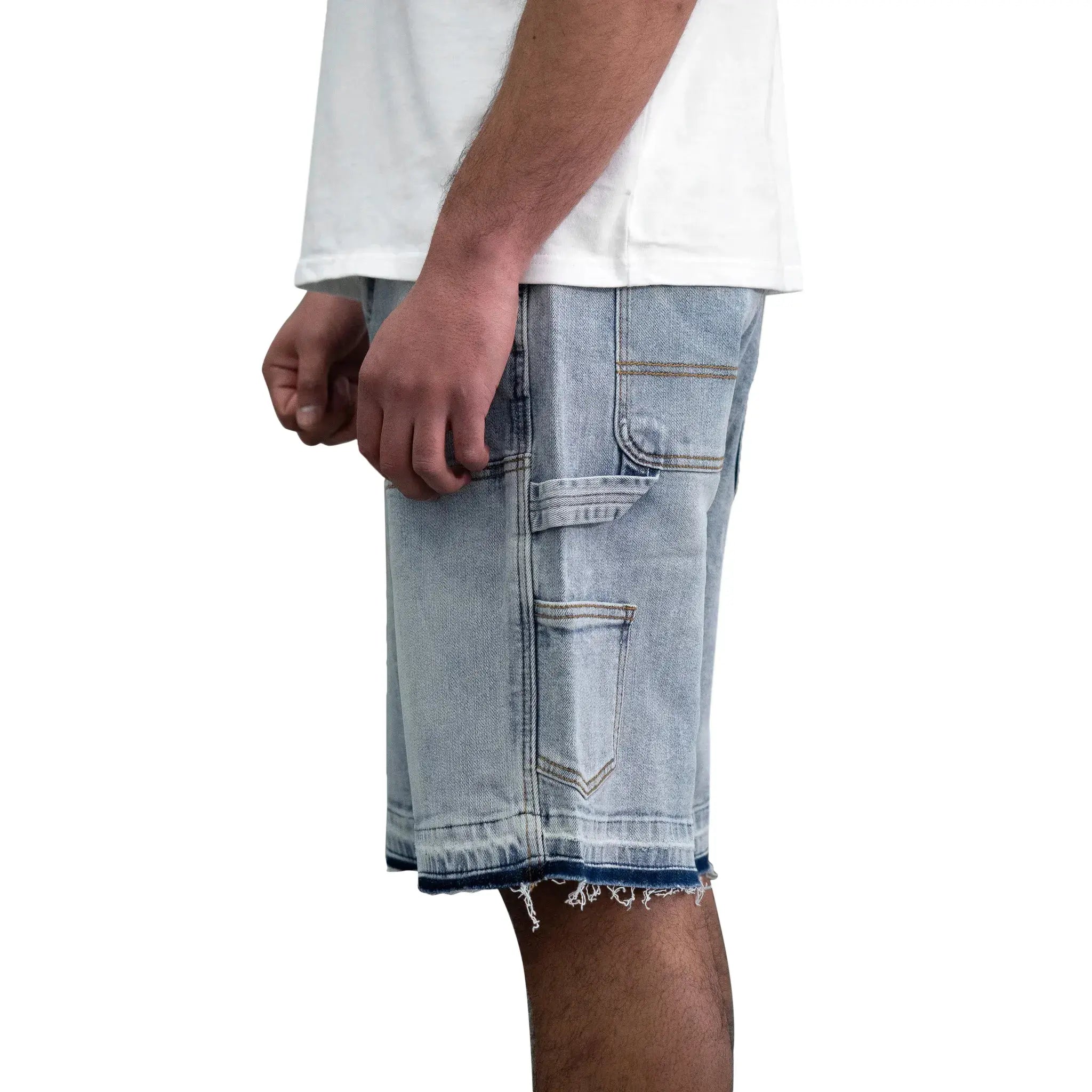 Model side view of SIARR Carpenter Shorts Blue