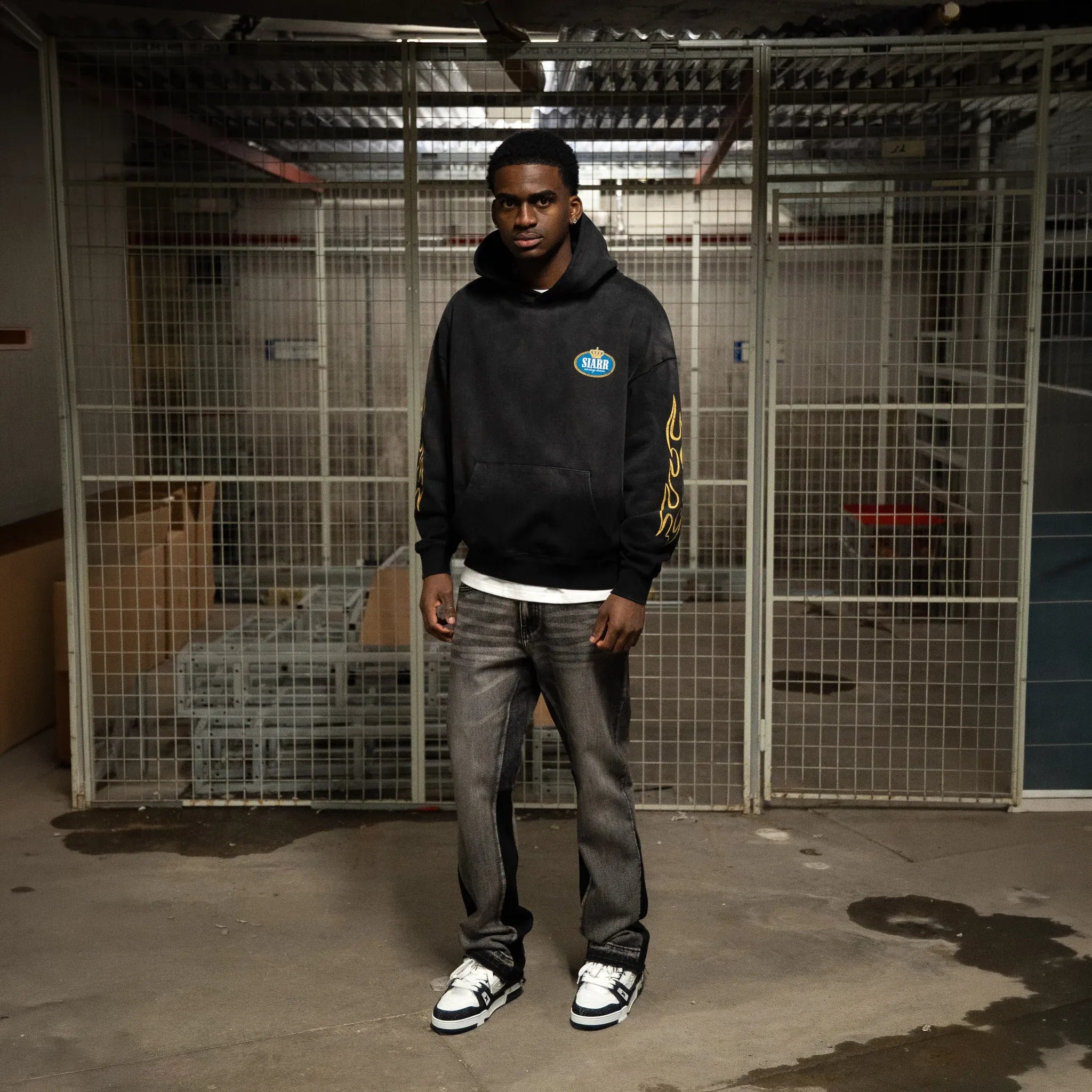 Front View of SIARR Crown Washed Black Hoodie