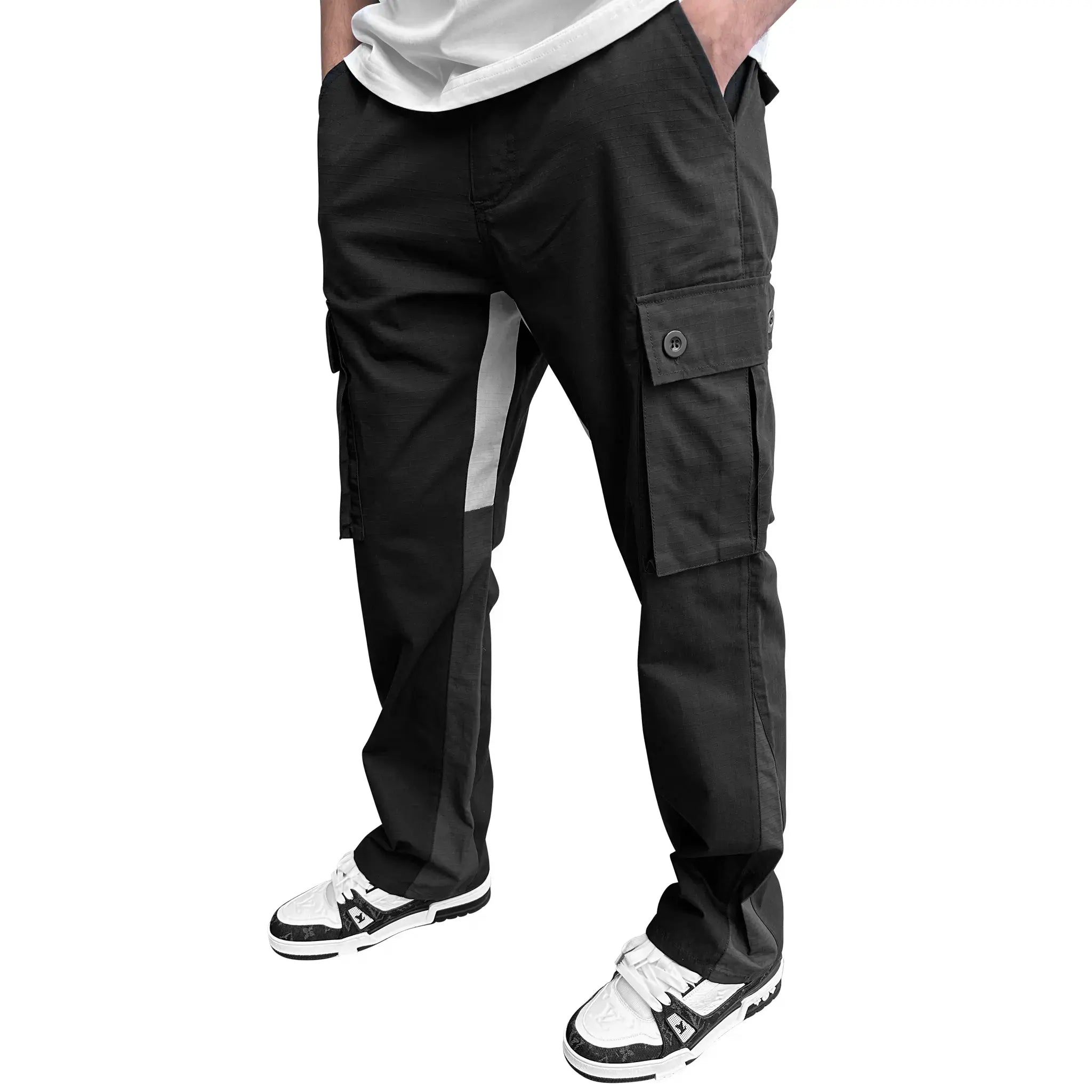 Model side view of siarr flared black cargo pants front