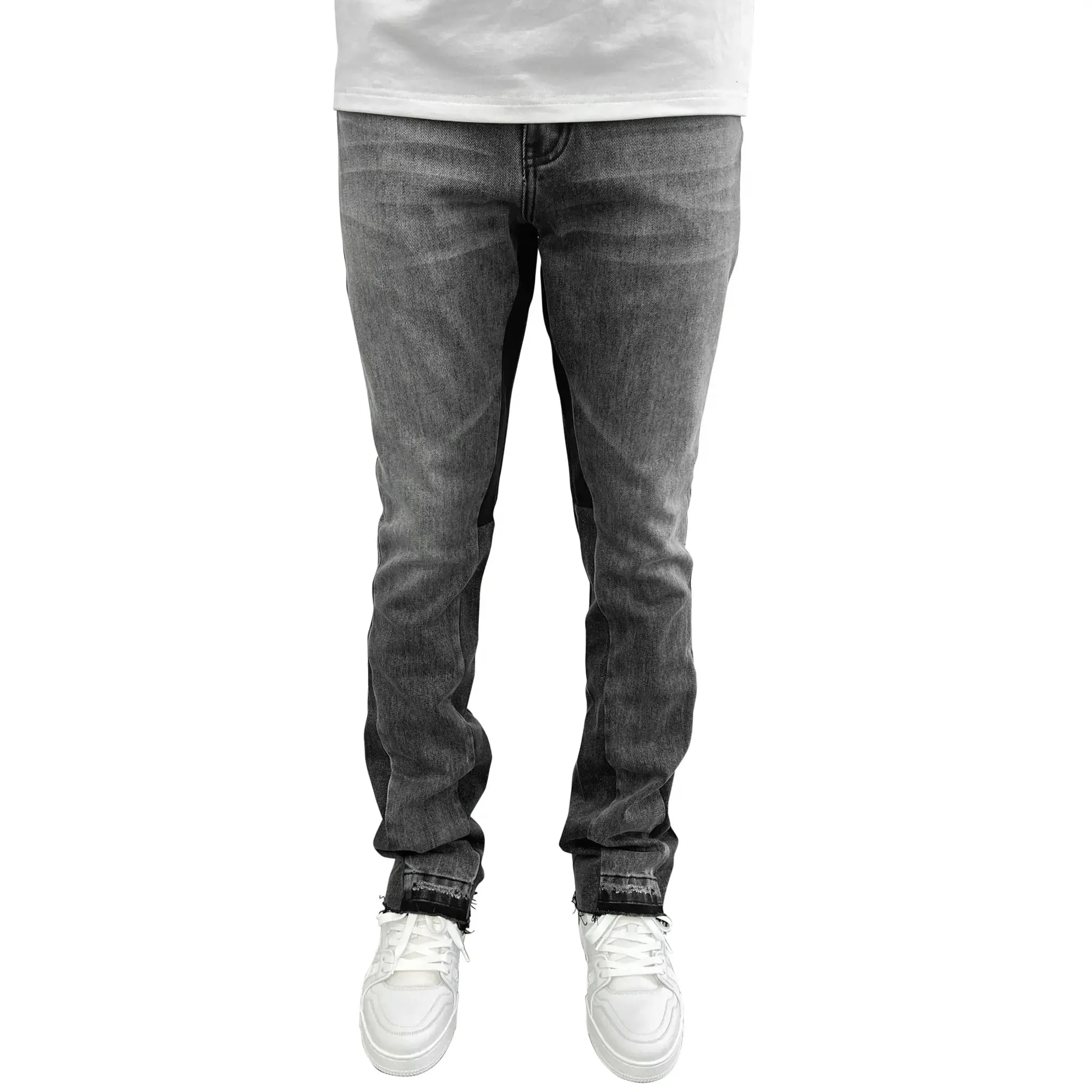 Model front view of PAIGE bootcut slim-fit jeans