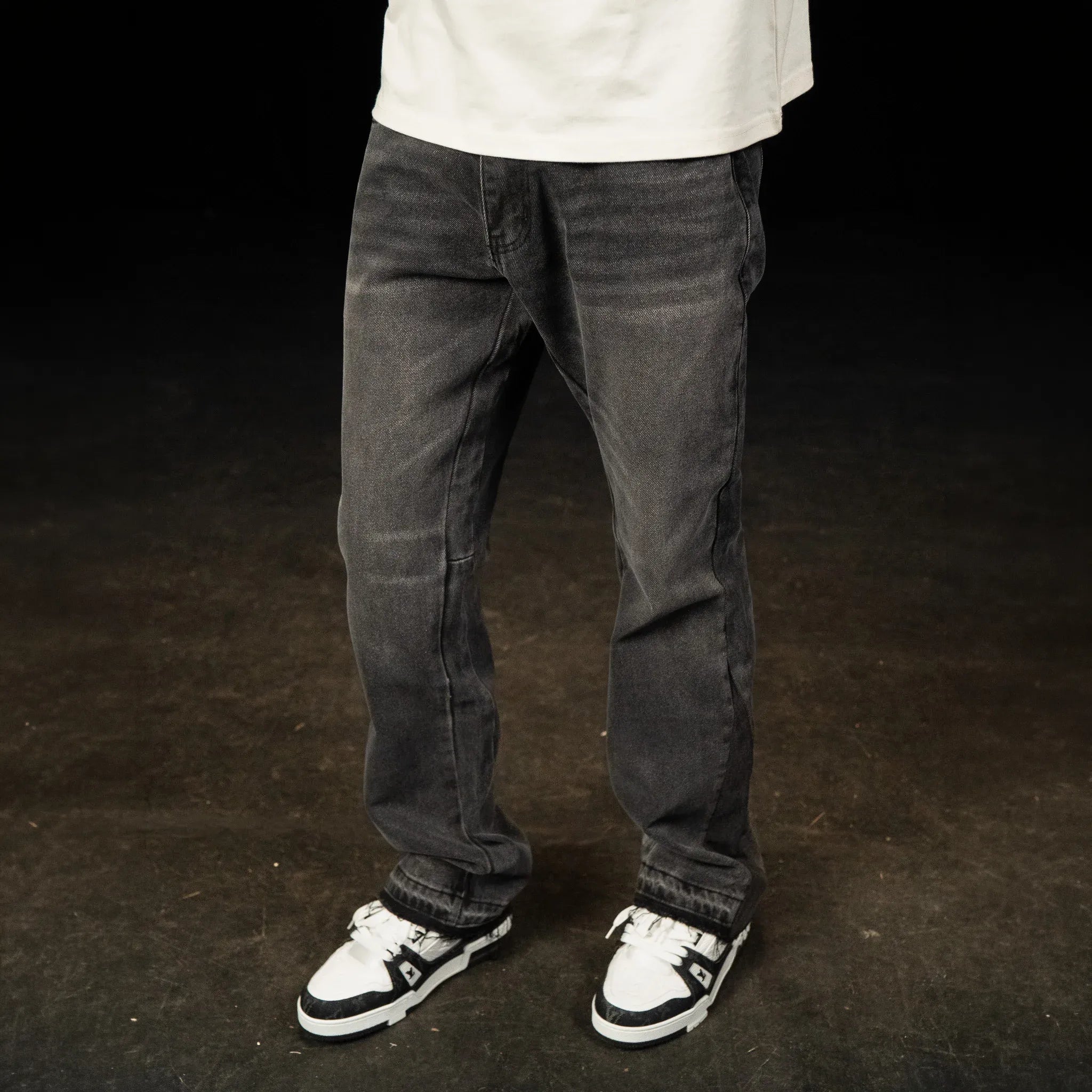 Front View of SIARR Flared Washed Black Jeans