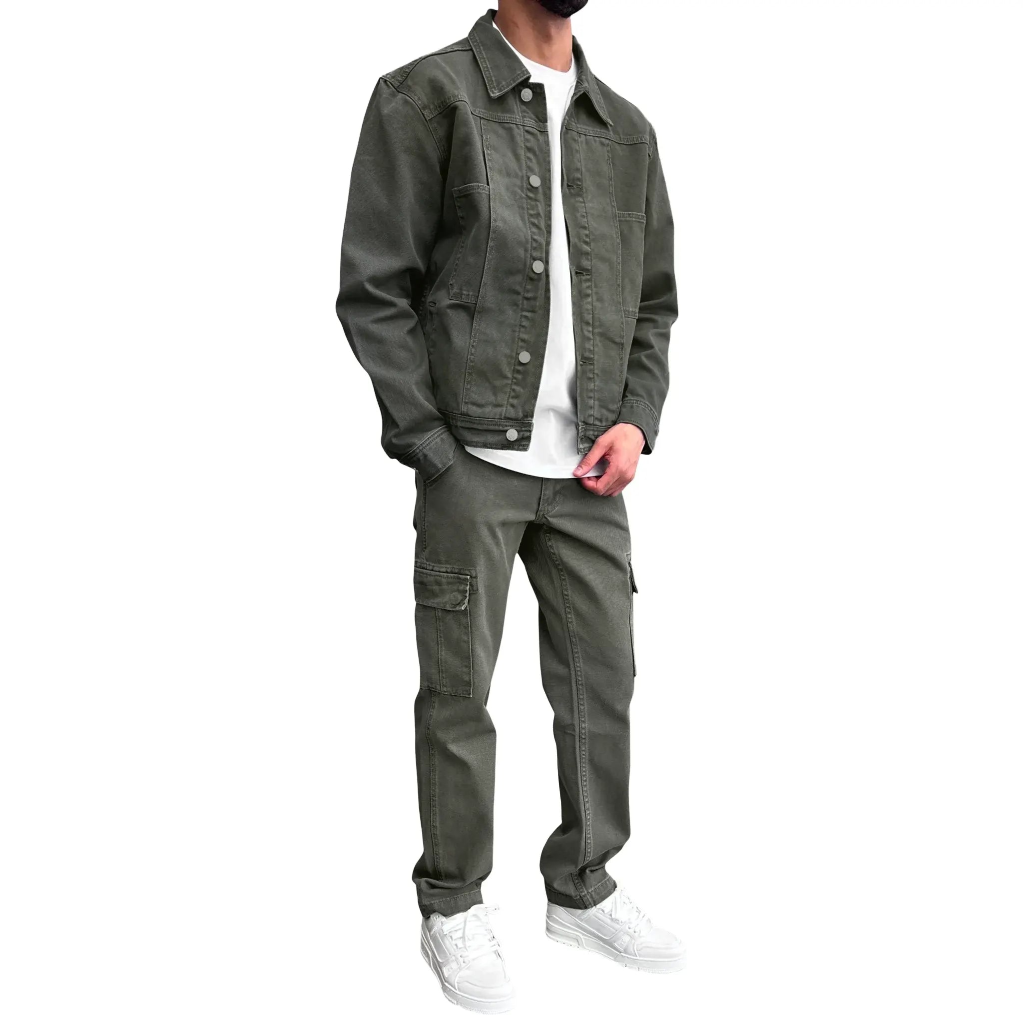 Model side view of SIARR Green Denim Jacket & Cargo Pants