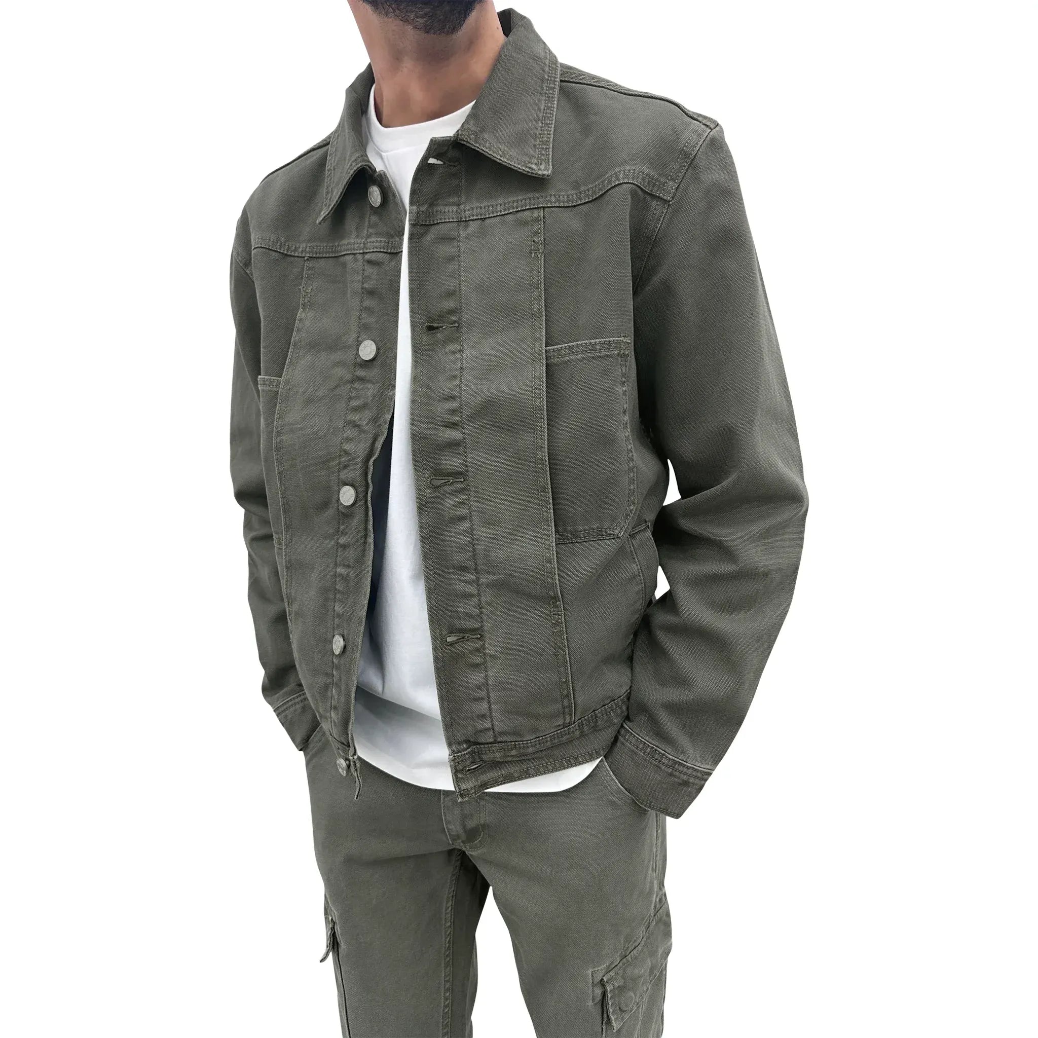 Model jacket side view of SIARR Green Denim Jacket & Cargo Pants