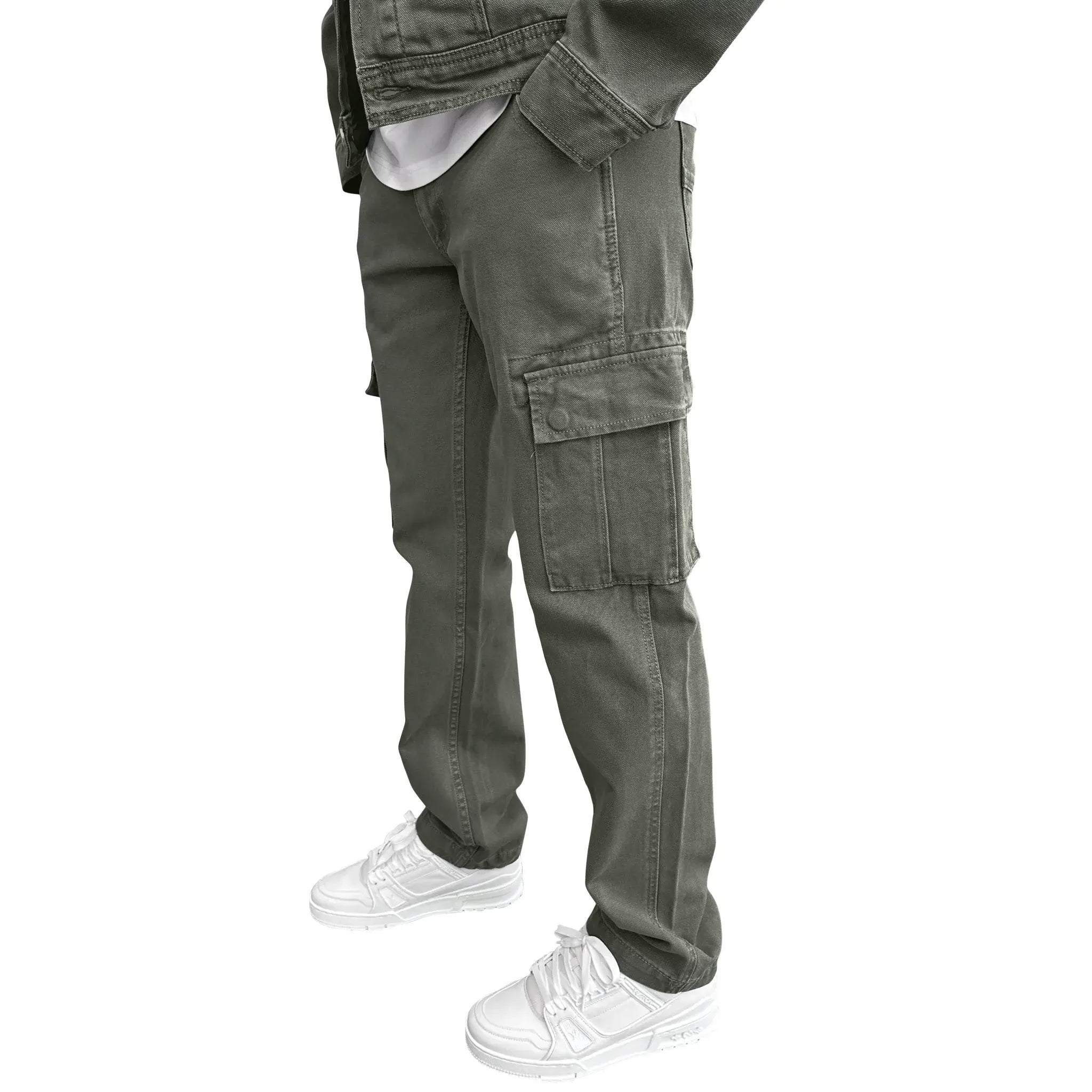 Model pants side view of SIARR Green Denim Jacket & Cargo Pants