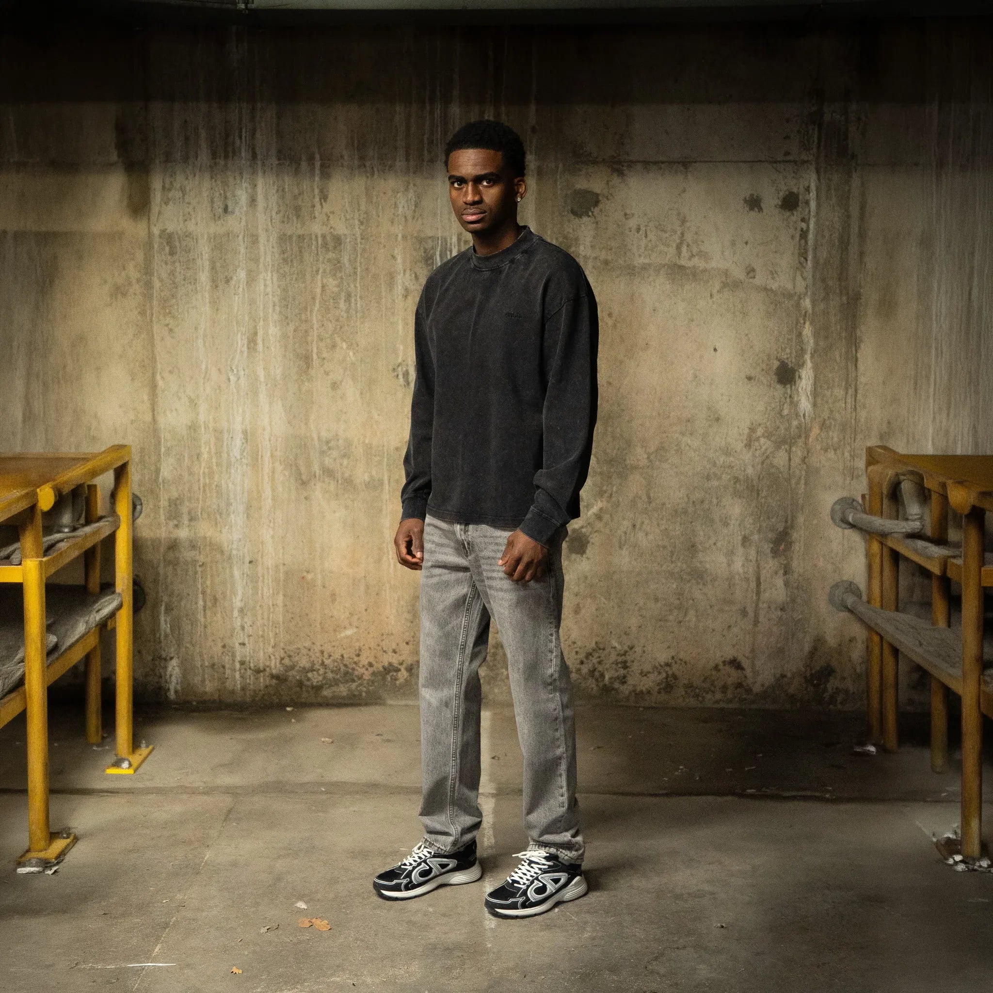 Front Side View of SIARR L/S Washed Black T-Shirt