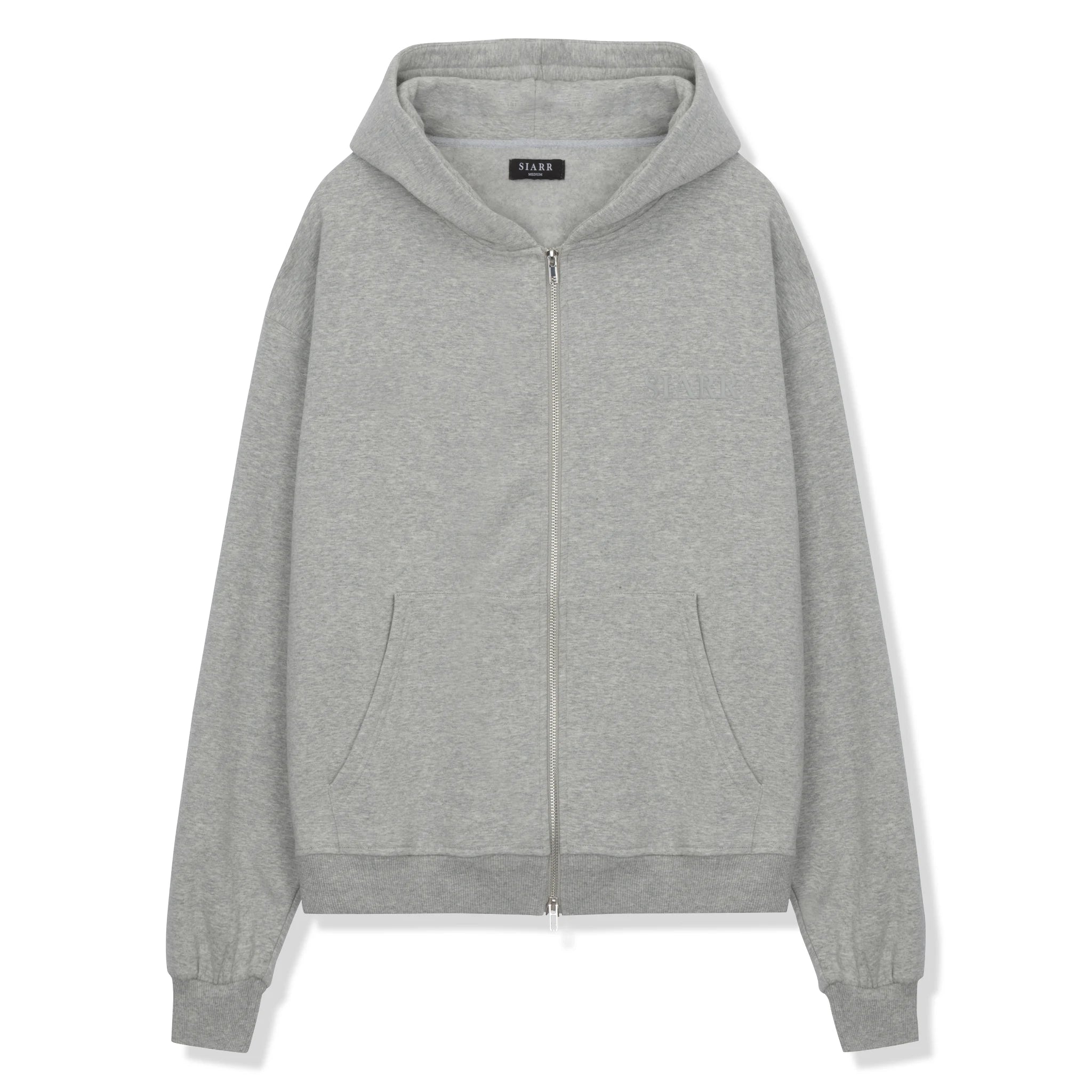 Front view of SIARR Light Grey Zip-Up Hoodie