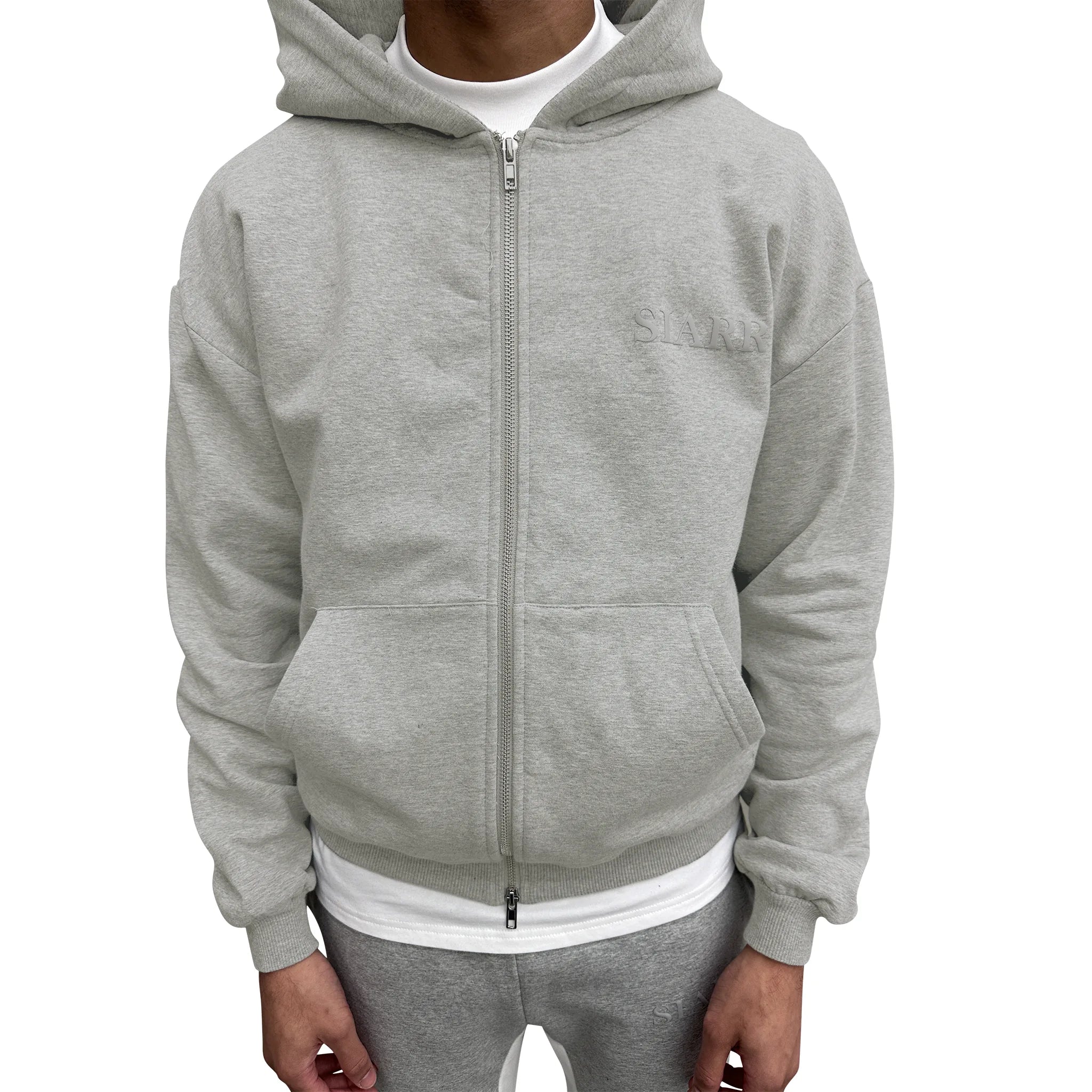 Model front view of SIARR Light Grey Zip-Up Hoodie