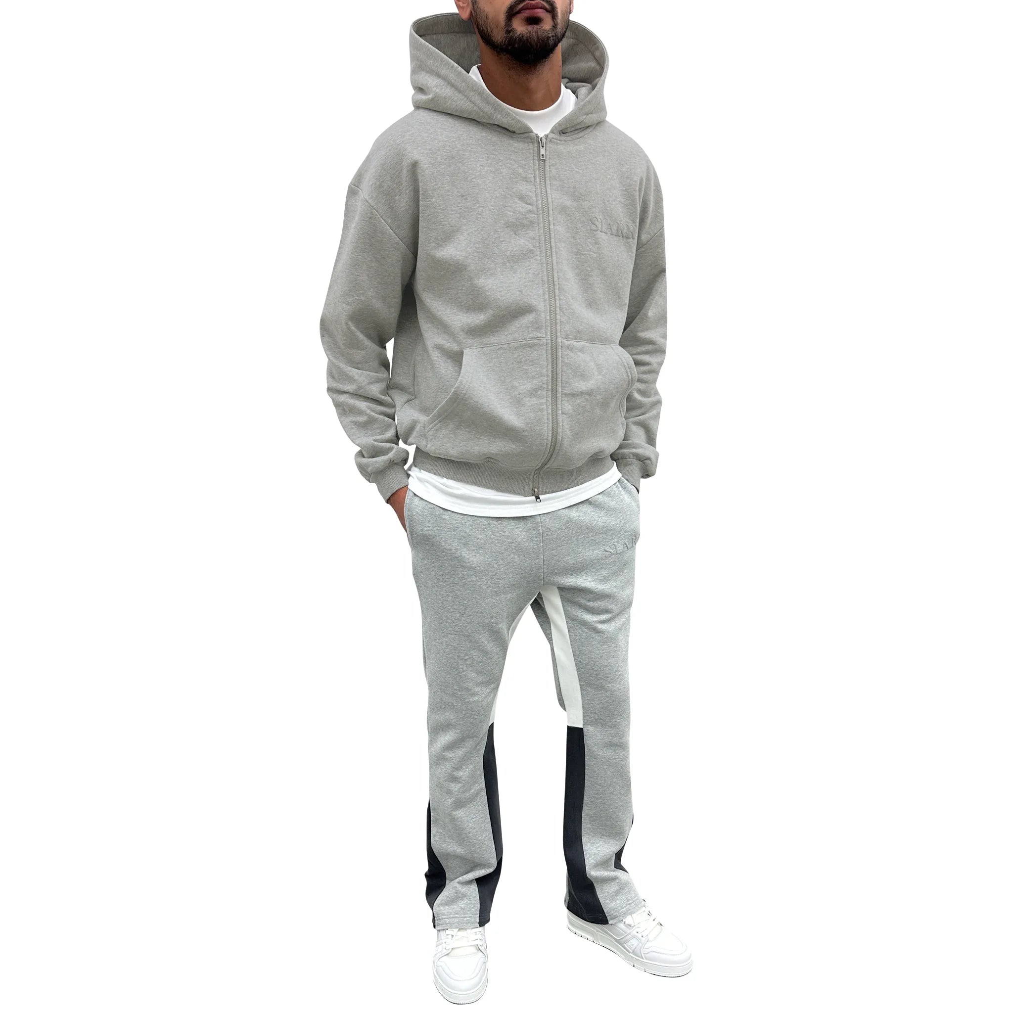 Model front view of SIARR Light Grey Zip-Up Hoodie