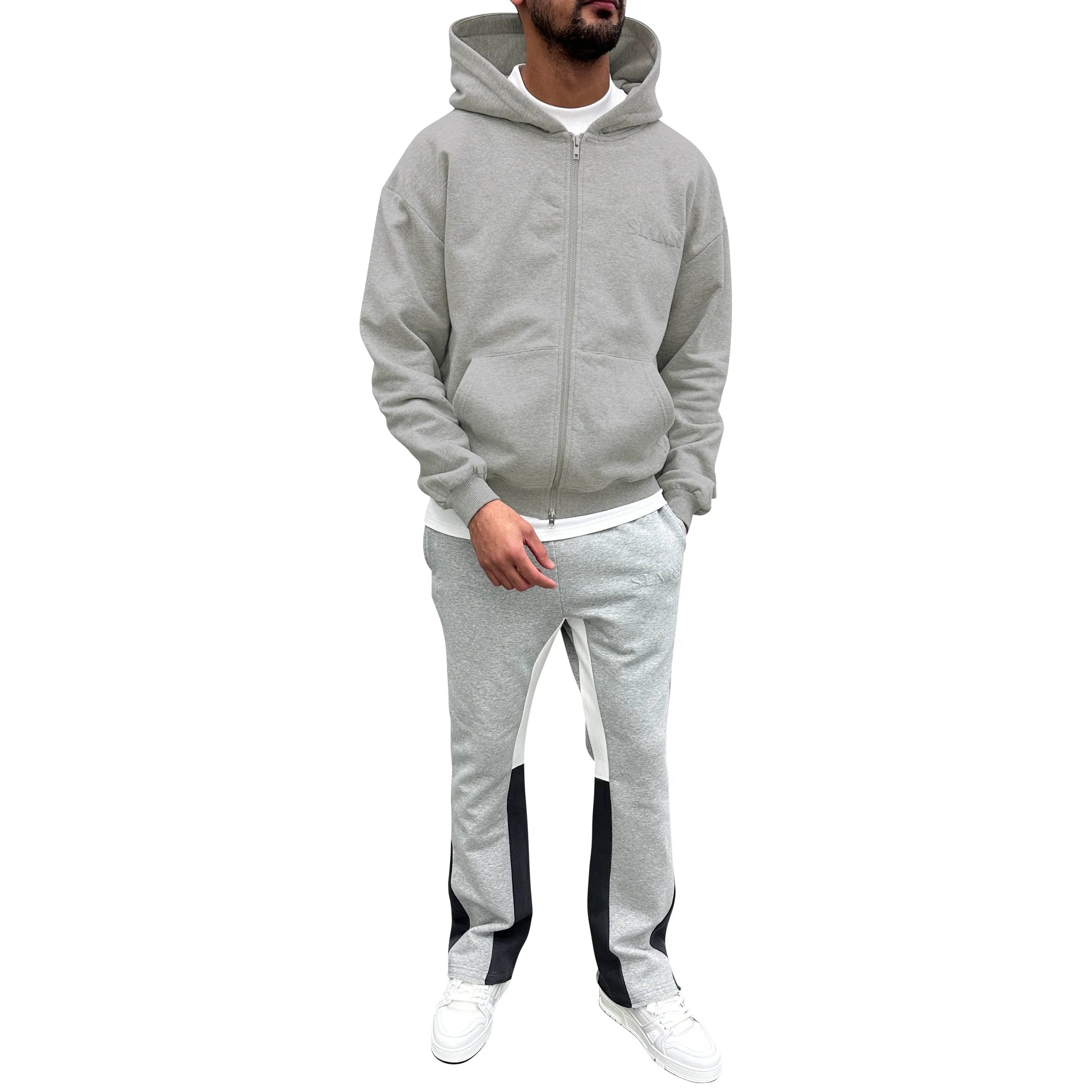 Model full view of SIARR Light Grey Zip-Up Hoodie